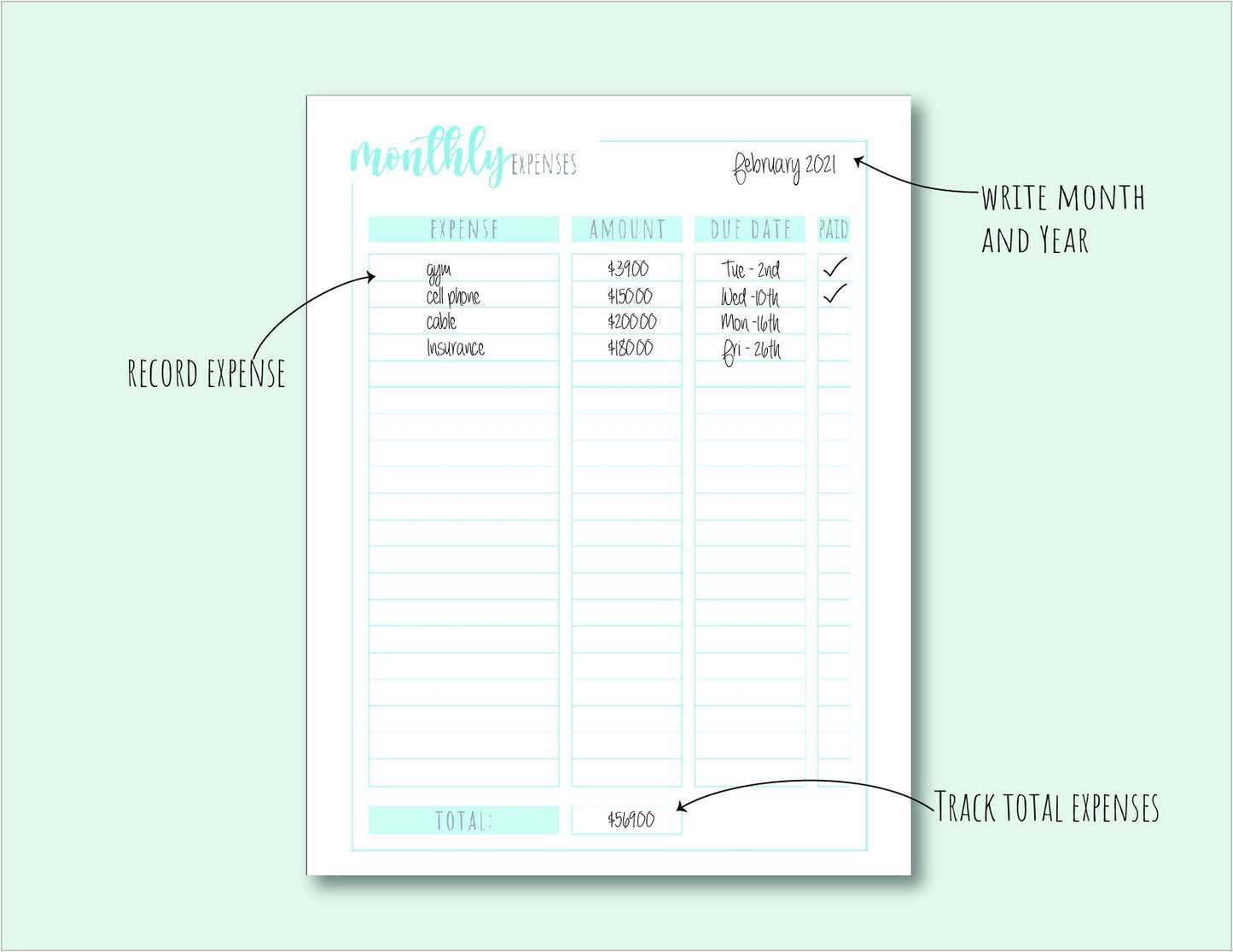 Simple Printable Monthly Expenses, Minimalistic Planner, Instant Download PD, US Letter Size Planner