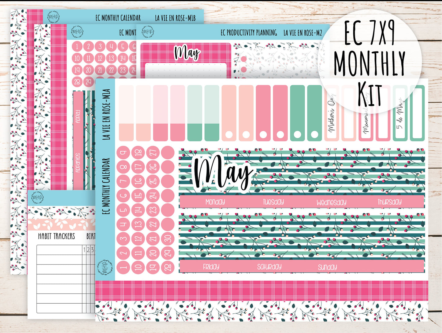 Erin Condren 7x9 Monthly Kit. MAY "La Vie En Rose" Planner Stickers || LVER-M