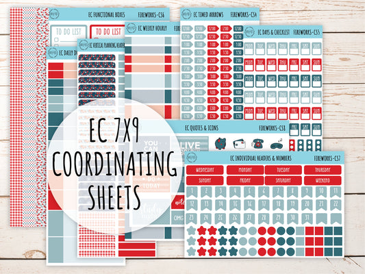 Erin Condren 7x9 Coordinating Planner Sticker Sheets. JULY "Fireworks". Add-On Sticker Sheets || F-CS