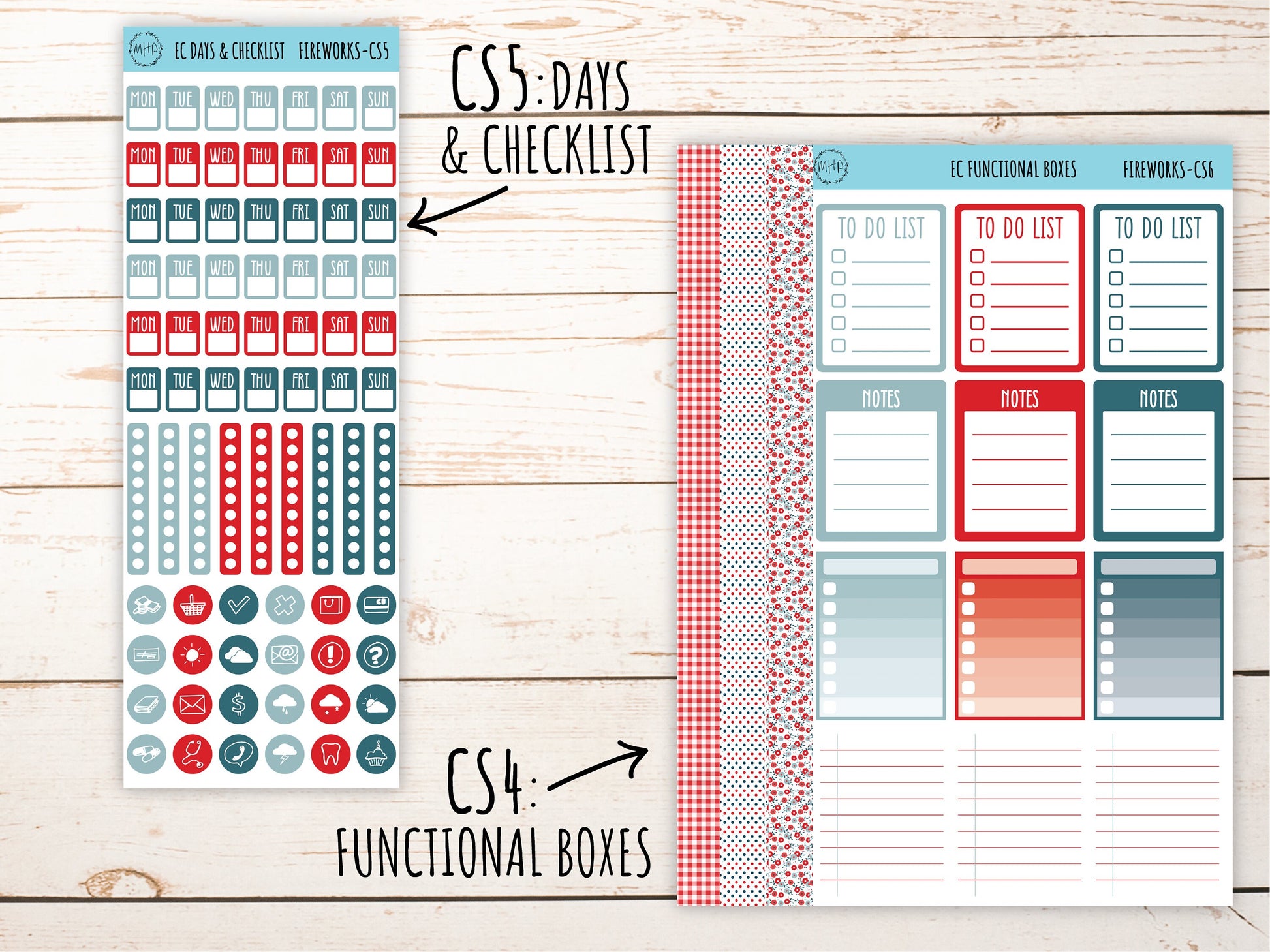 Erin Condren 7x9 Coordinating Planner Sticker Sheets. JULY "Fireworks". Add-On Sticker Sheets || F-CS