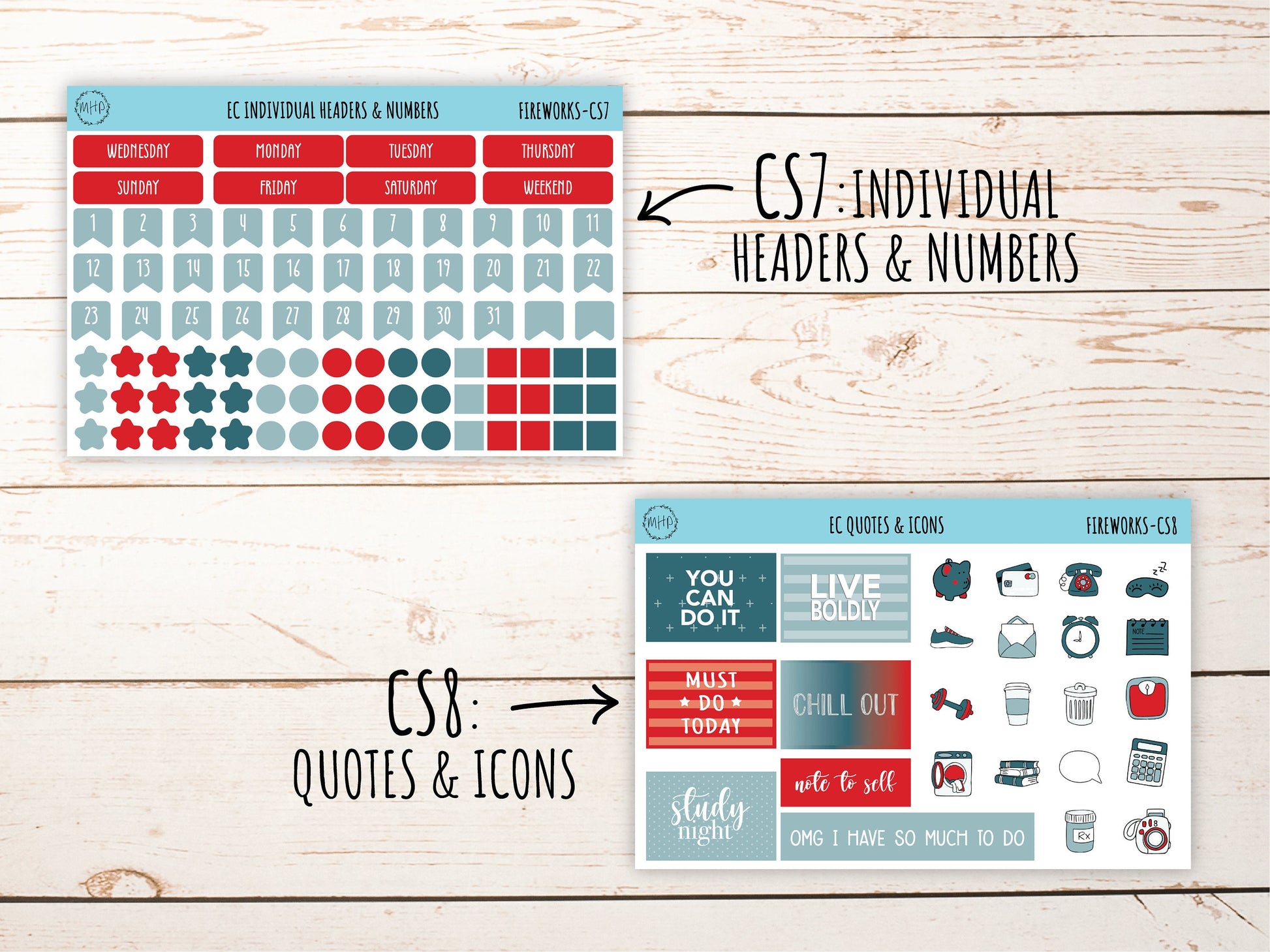 Erin Condren 7x9 Coordinating Planner Sticker Sheets. JULY "Fireworks". Add-On Sticker Sheets || F-CS