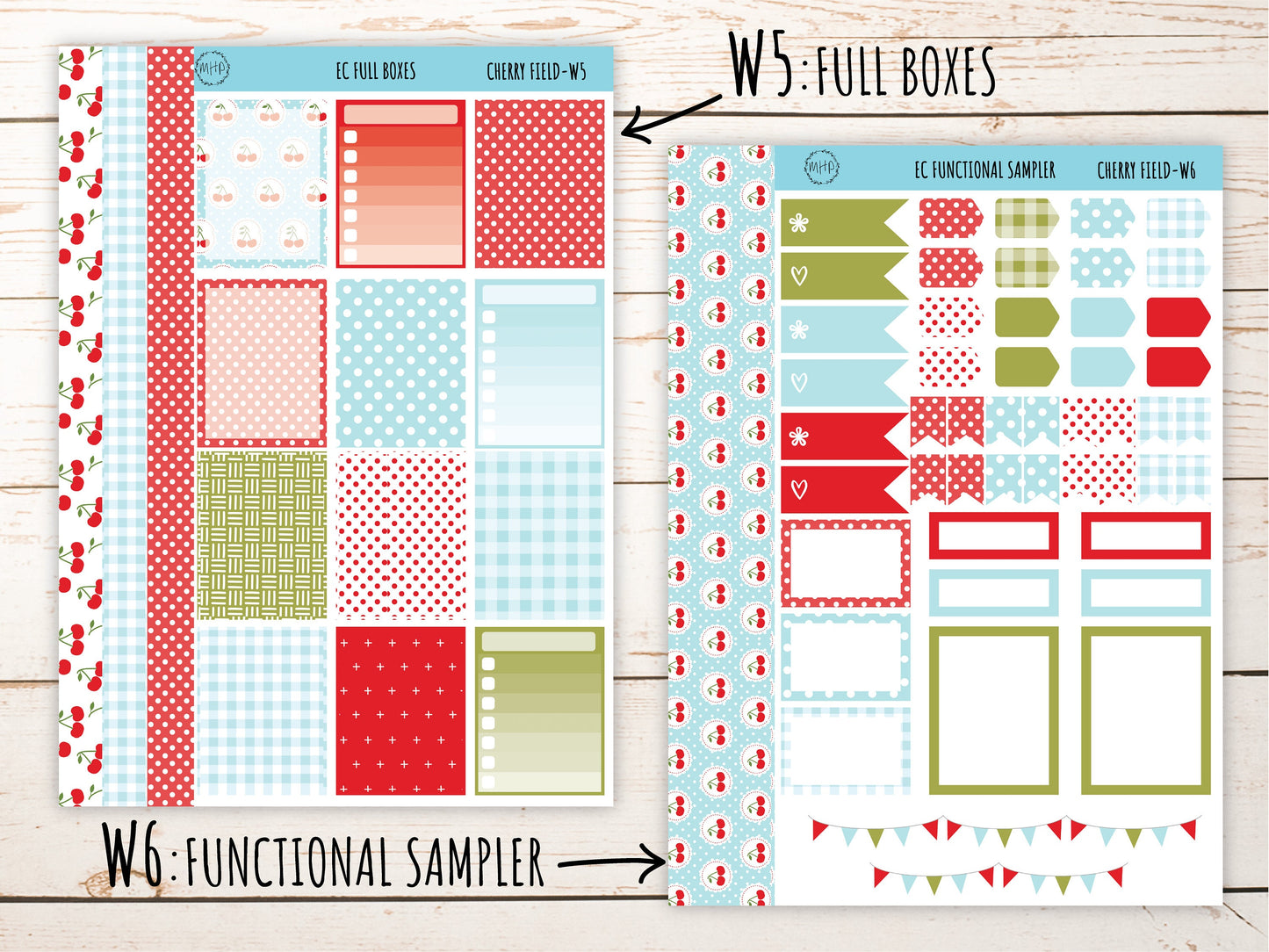 Erin Condren 7x9 Weekly Planning Kit. JULY "Cherry Field" Planner Stickers || CF-W