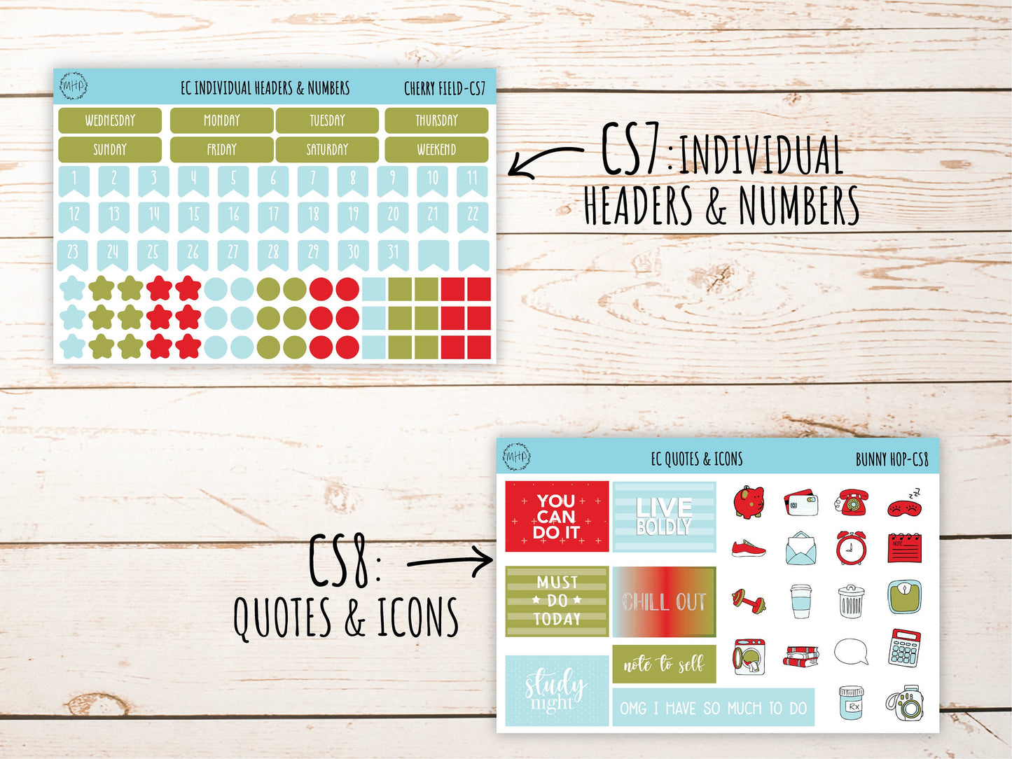 Erin Condren 7x9 Coordinating Planner Sticker Sheets. JULY "Cherry Field". Add-On Sticker Sheets || CF-CS
