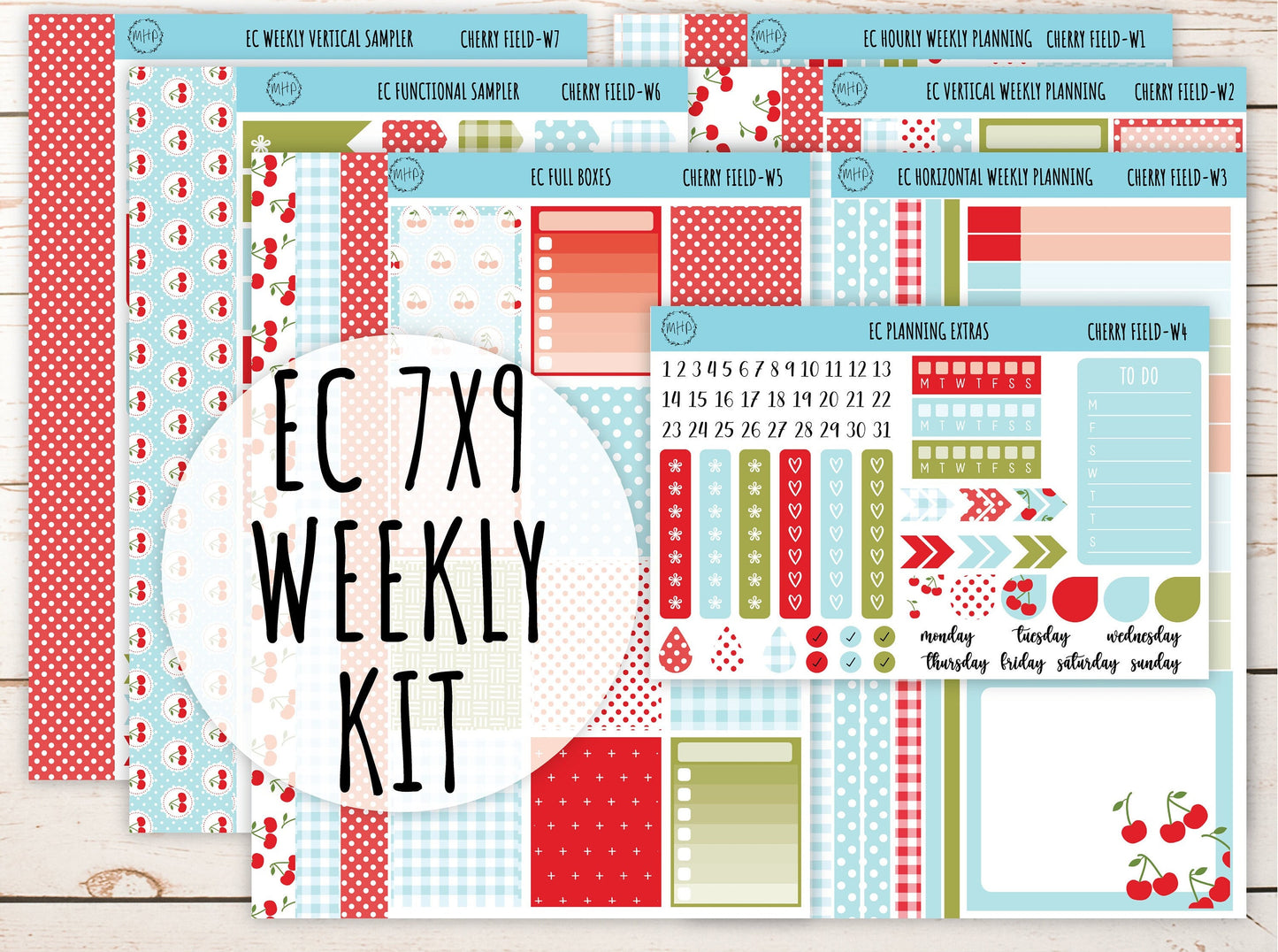 Erin Condren 7x9 Weekly Planning Kit. JULY "Cherry Field" Planner Stickers || CF-W