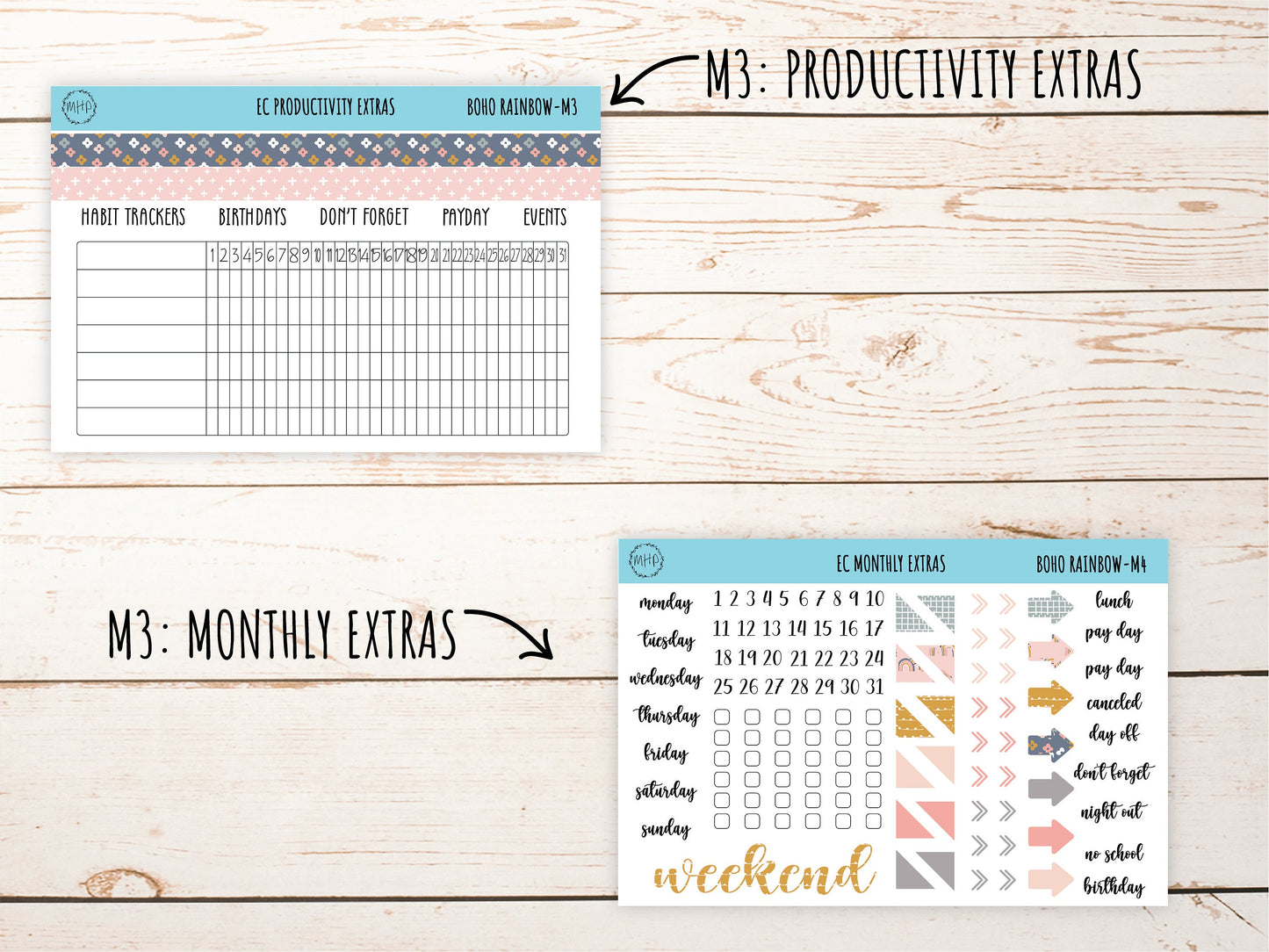 Erin Condren 7x9 Monthly Kit. AUGUST "Boho Rainbow" Planner Stickers || BR-M