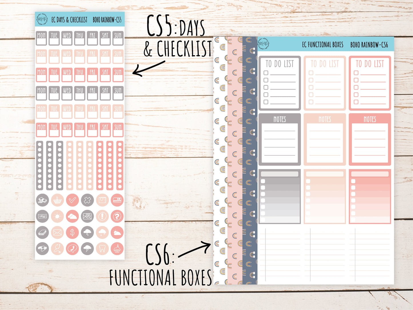 Erin Condren 7x9 Coordinating Planner Sticker Sheets. AUGUST "Boho Rainbow". Add-On Sticker Sheets || BR-CS