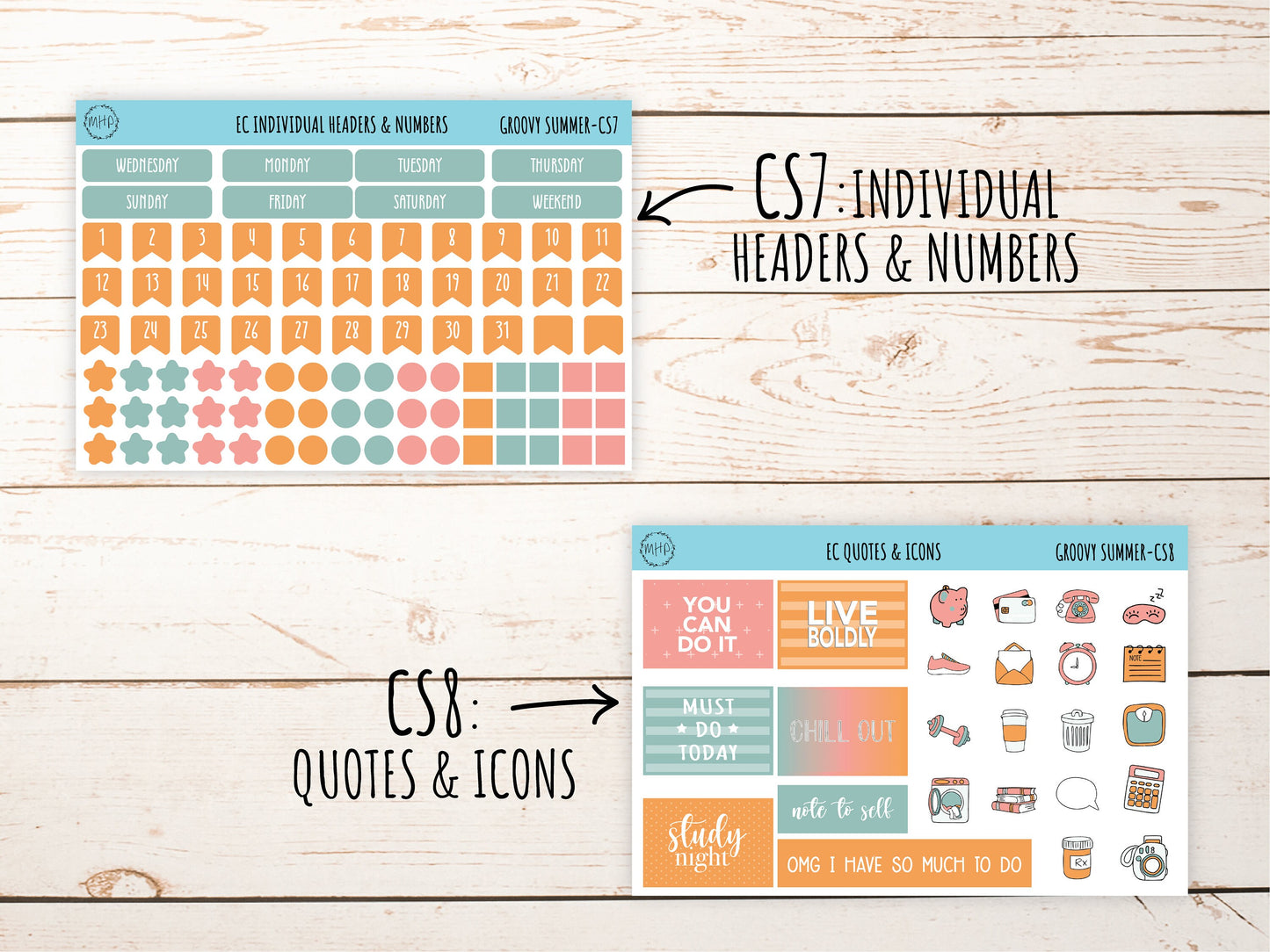 Erin Condren 7x9 Coordinating Planner Sticker Sheets. AUGUST "Groovy Summer". Add-On Sticker Sheets || GS-CS