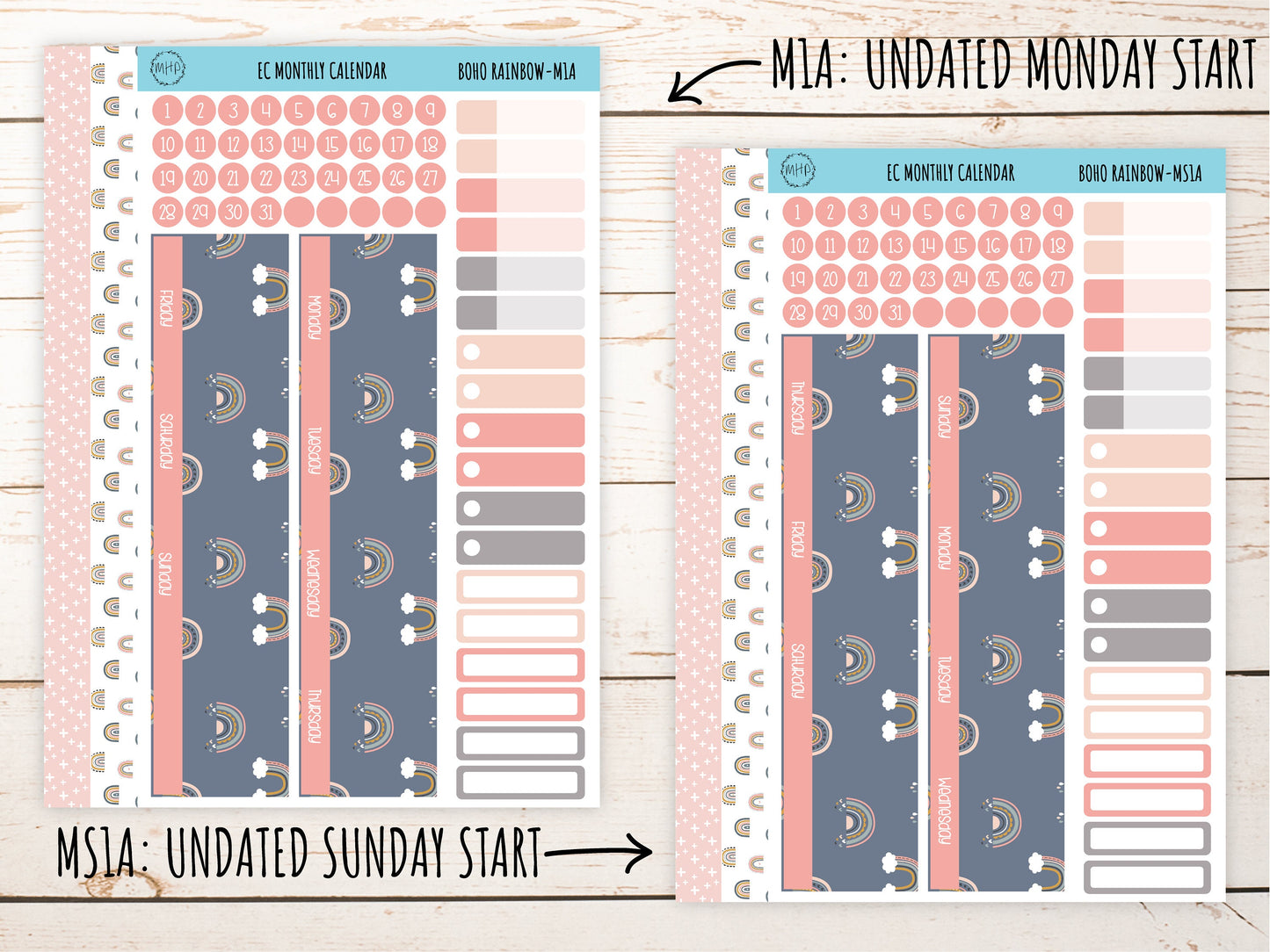 Erin Condren 7x9 Monthly Kit. AUGUST "Boho Rainbow" Planner Stickers || BR-M