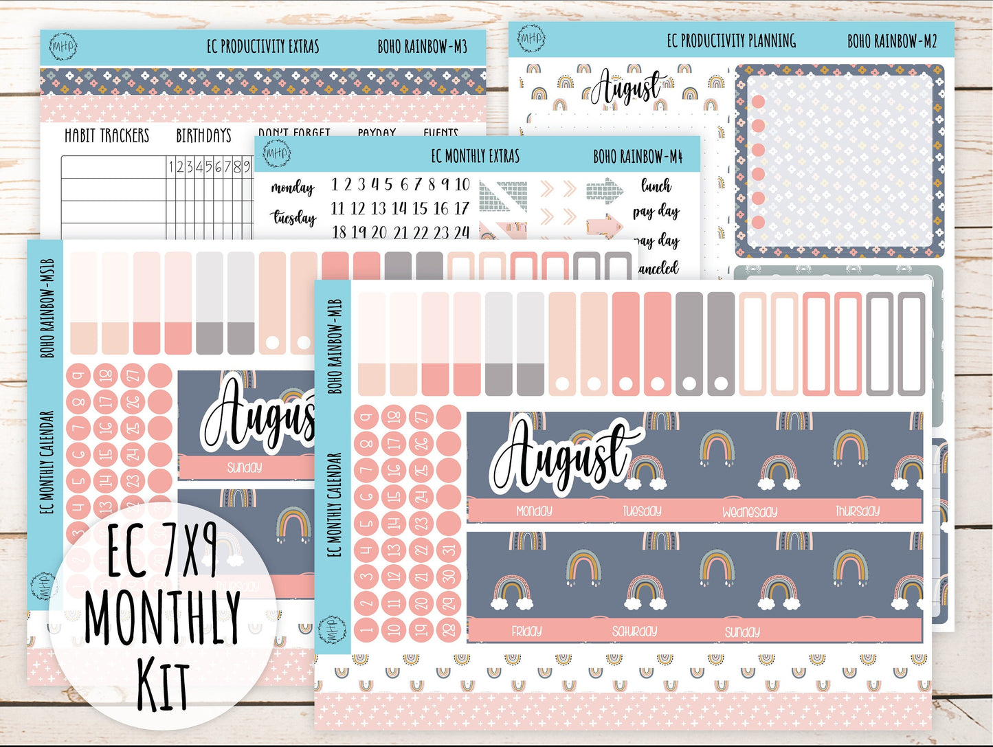 Erin Condren 7x9 Monthly Kit. AUGUST "Boho Rainbow" Planner Stickers || BR-M