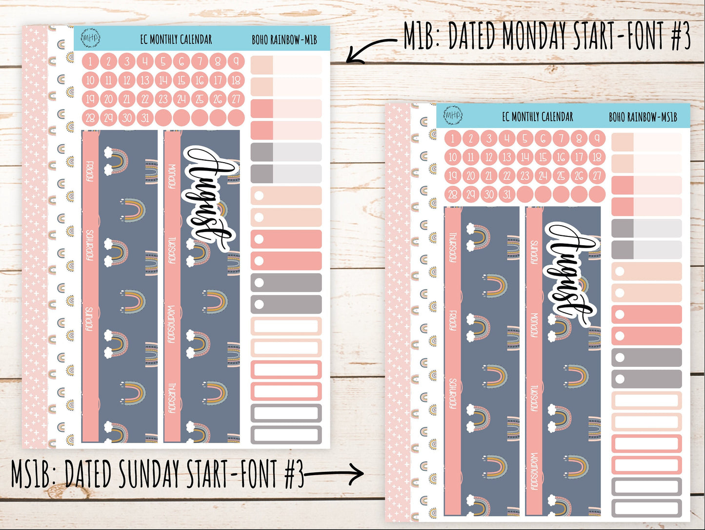 Erin Condren 7x9 Monthly Kit. AUGUST "Boho Rainbow" Planner Stickers || BR-M