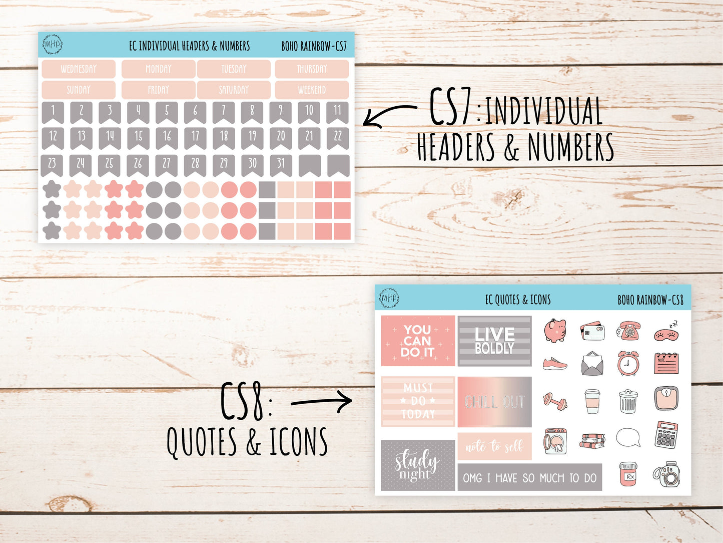 Erin Condren 7x9 Coordinating Planner Sticker Sheets. AUGUST "Boho Rainbow". Add-On Sticker Sheets || BR-CS