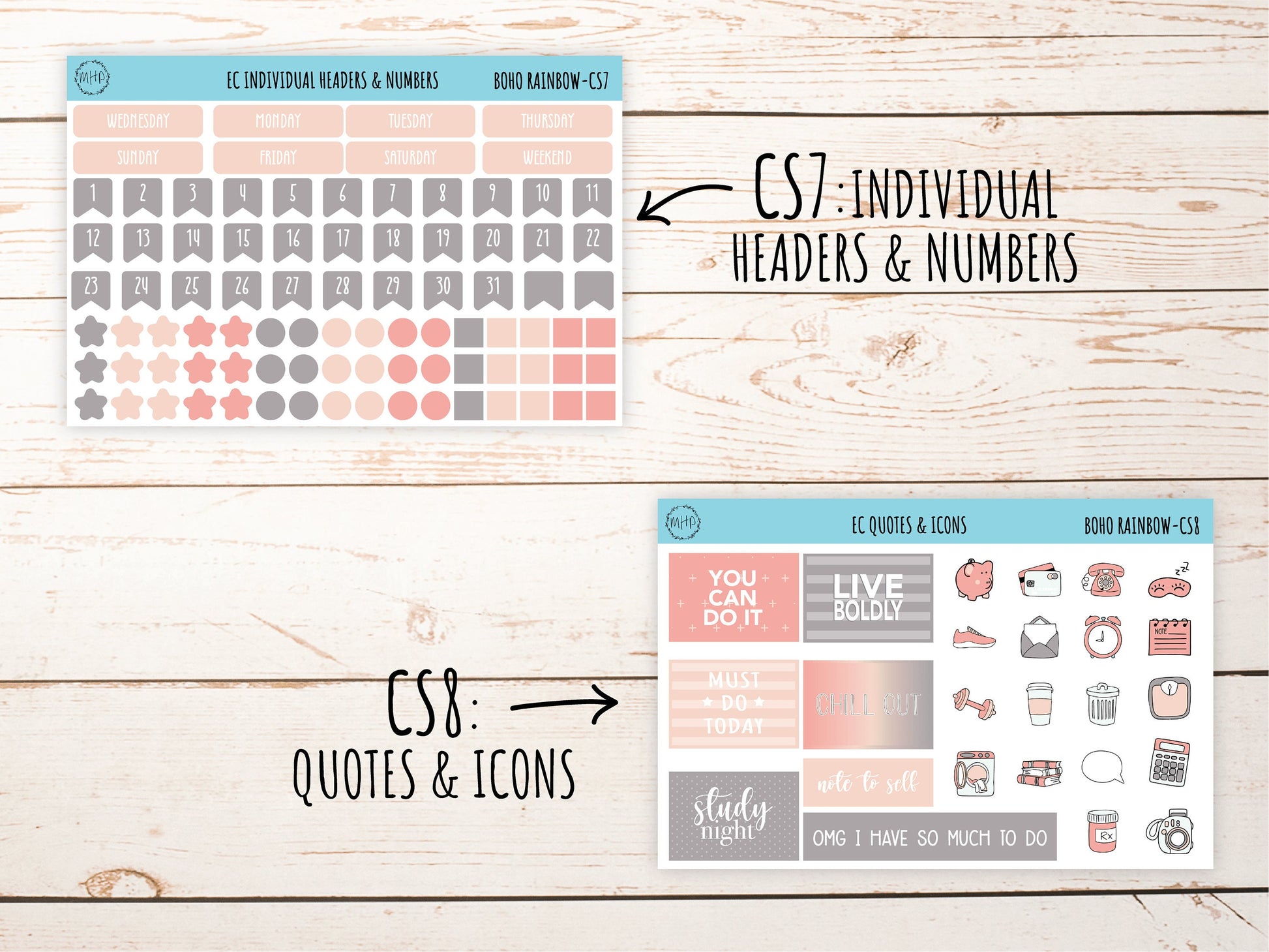 Erin Condren 7x9 Coordinating Planner Sticker Sheets. AUGUST "Boho Rainbow". Add-On Sticker Sheets || BR-CS