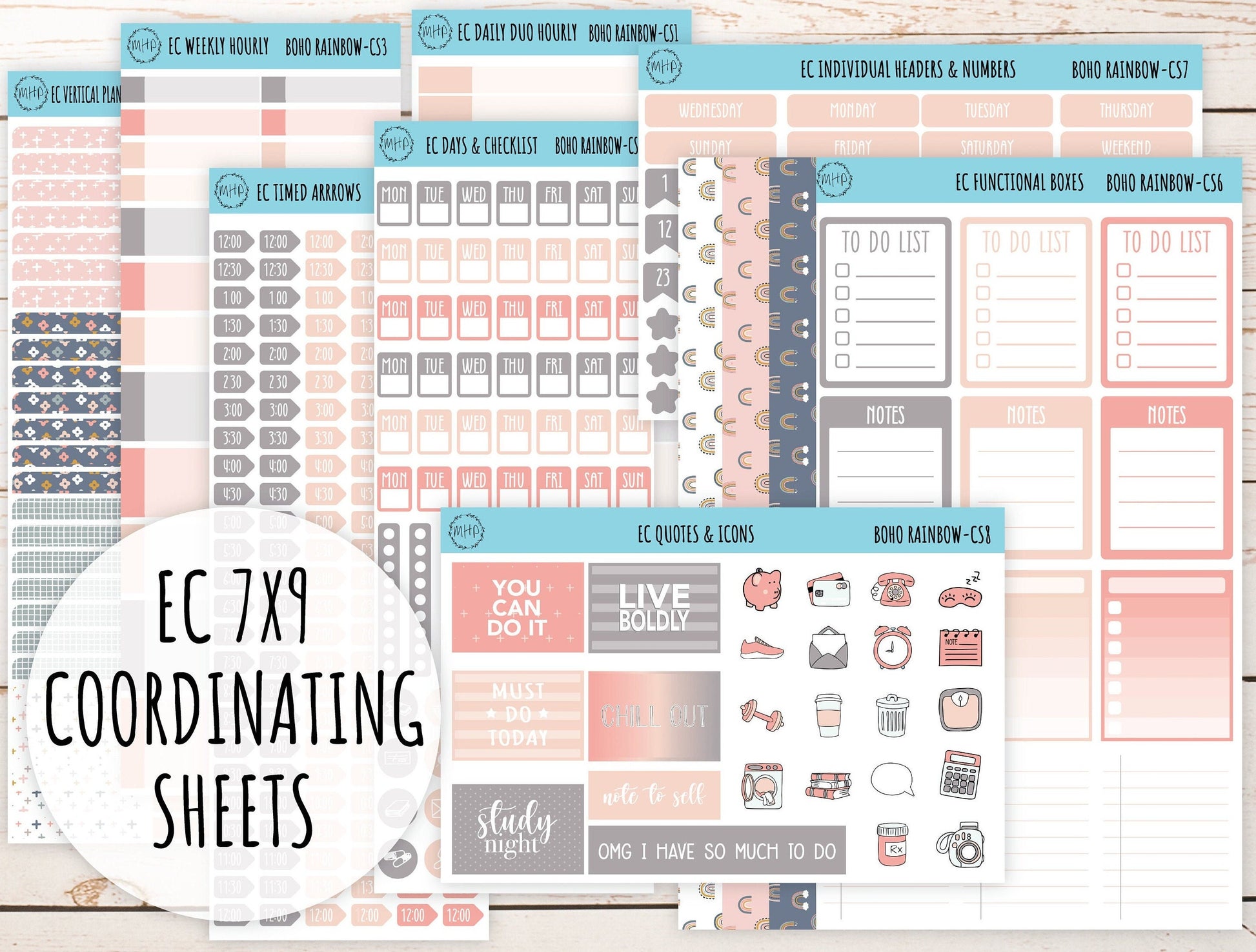 Erin Condren 7x9 Coordinating Planner Sticker Sheets. AUGUST "Boho Rainbow". Add-On Sticker Sheets || BR-CS