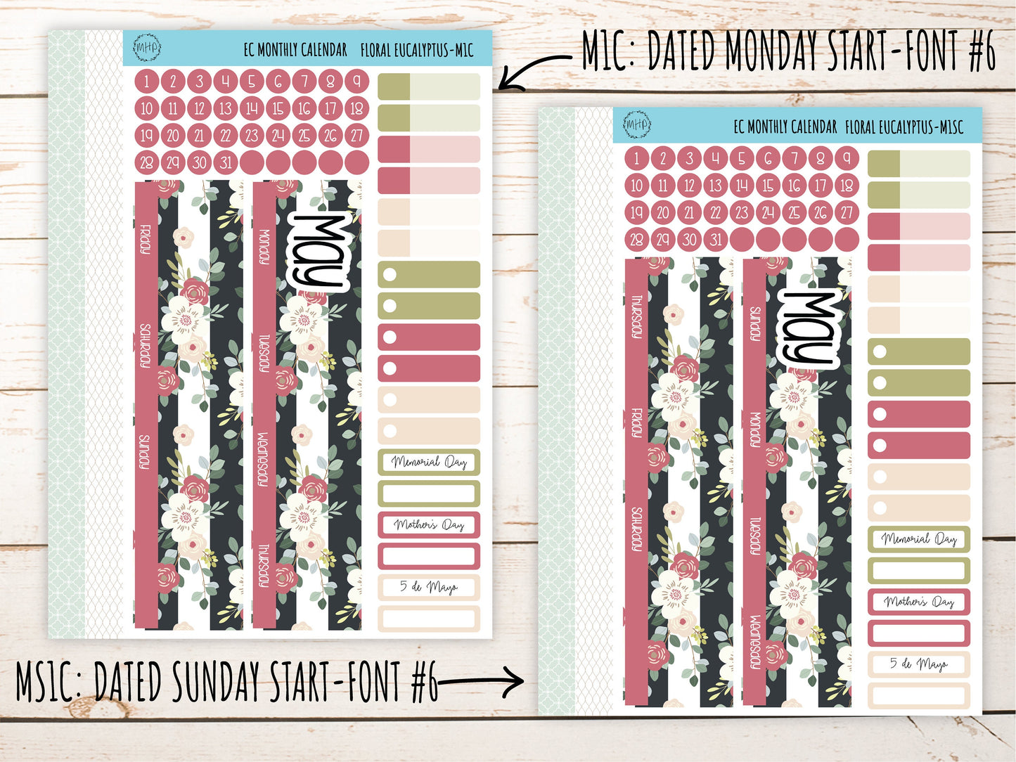 Erin Condren 7x9 Monthly Kit. MAY "Floral Eucalyptus" Planner Stickers || FE-M