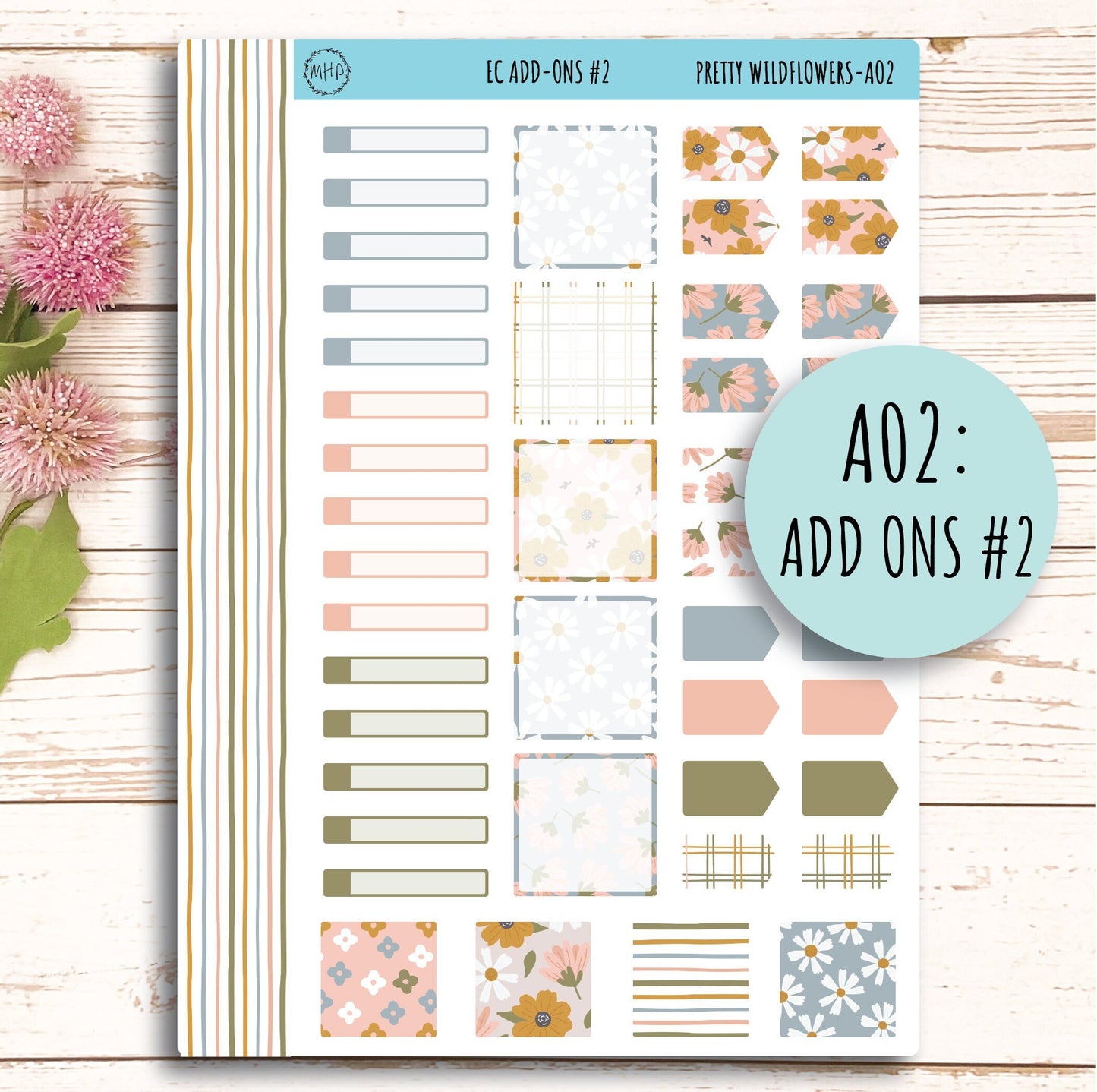 Add Ons Stickers for 7x9 Erin Condren Planners. JUNE "Pretty Wildflowers" || PW-AO