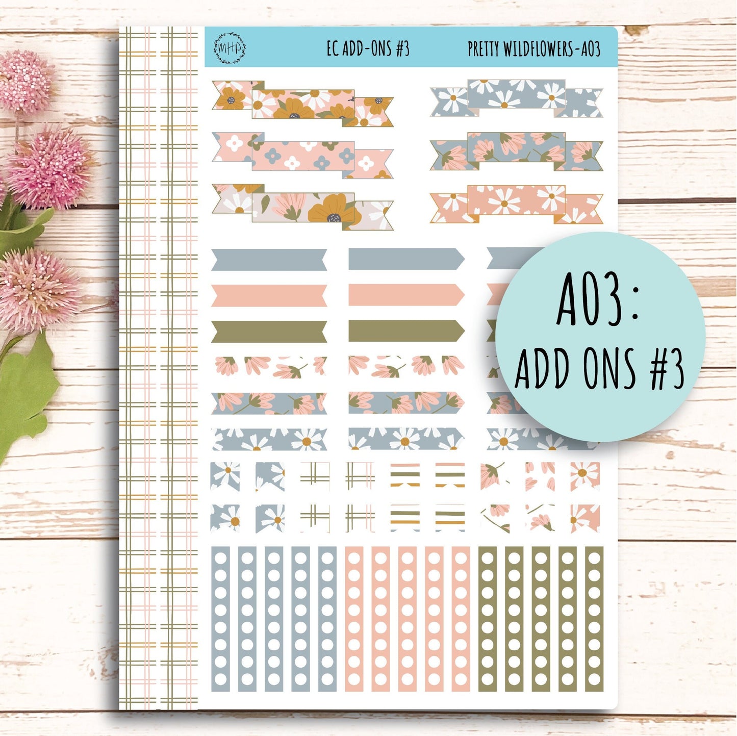 Add Ons Stickers for 7x9 Erin Condren Planners. JUNE "Pretty Wildflowers" || PW-AO