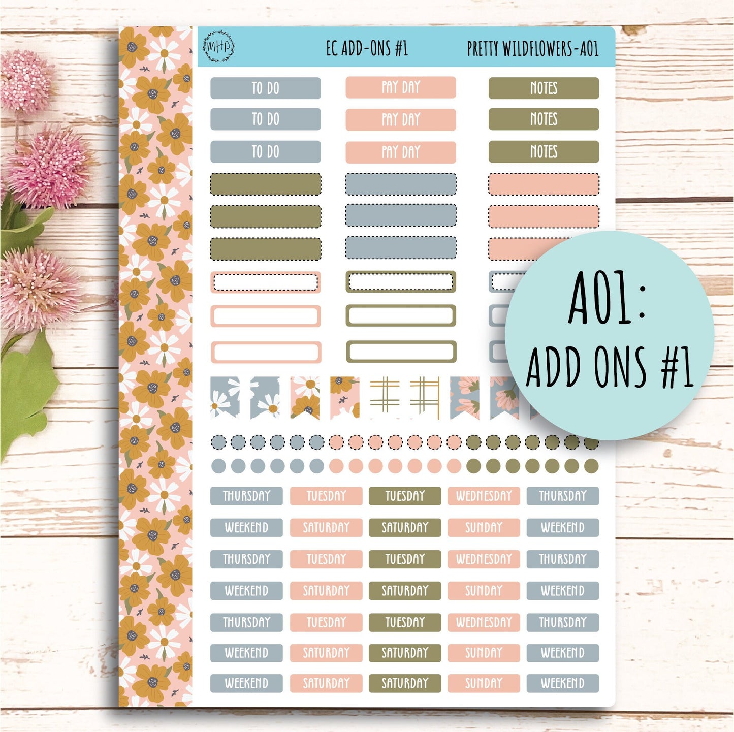 Add Ons Stickers for 7x9 Erin Condren Planners. JUNE "Pretty Wildflowers" || PW-AO