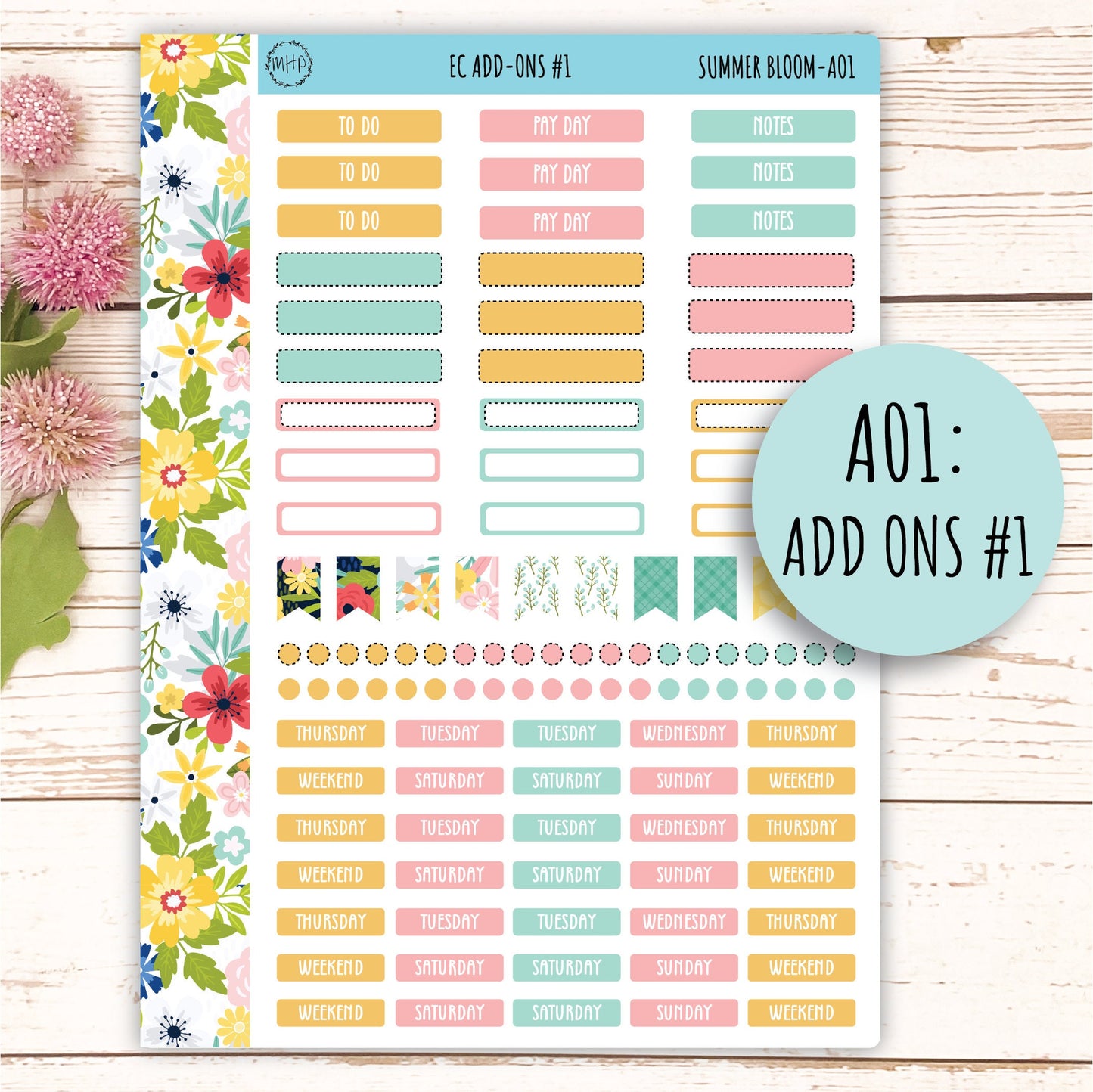 Add Ons Stickers for 7x9 Erin Condren Planners. July "Summer Bloom" || SB-AO