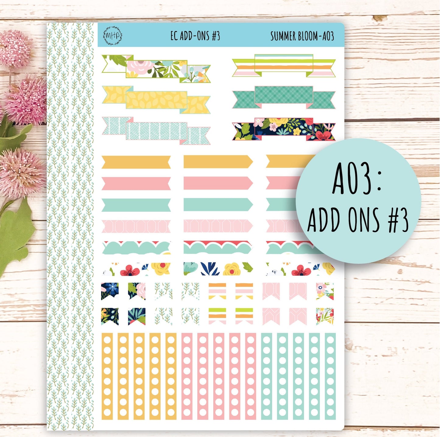 Add Ons Stickers for 7x9 Erin Condren Planners. July "Summer Bloom" || SB-AO