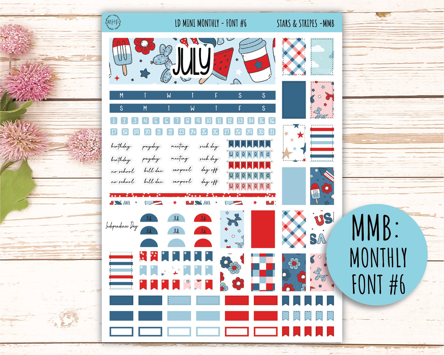 July Sticker for MINI Laurel Denise Planners "Stars and Stripes" || MS&S