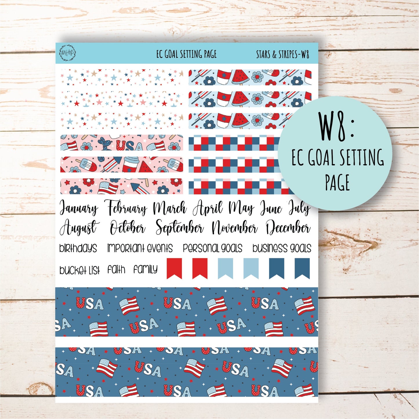 July Weekly Planning Kits for 7x9 Planners. "STARS and STRIPES" || S&S-W