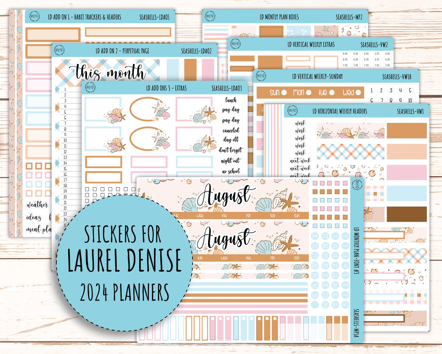 August Stickers for 2024 Laurel Denise Planners. "Seashells" || MPSSH