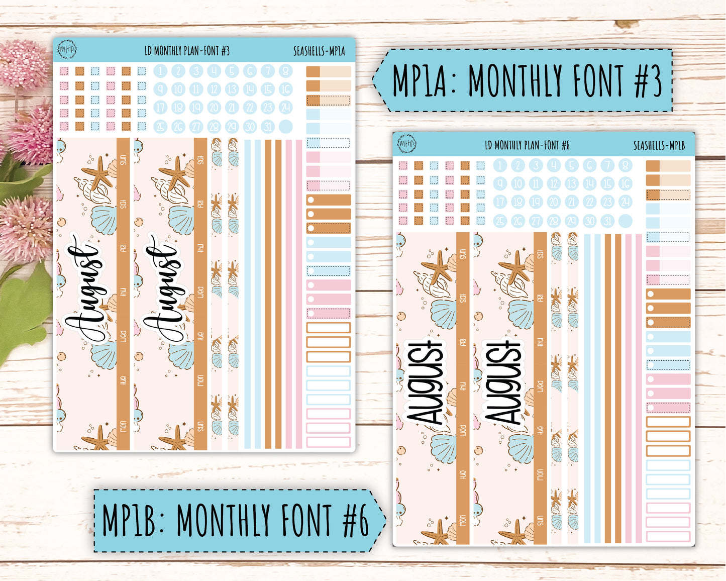 August Stickers for 2024 Laurel Denise Planners. "Seashells" || MPSSH