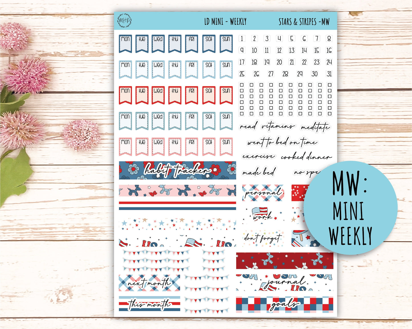 July Sticker for MINI Laurel Denise Planners "Stars and Stripes" || MS&S