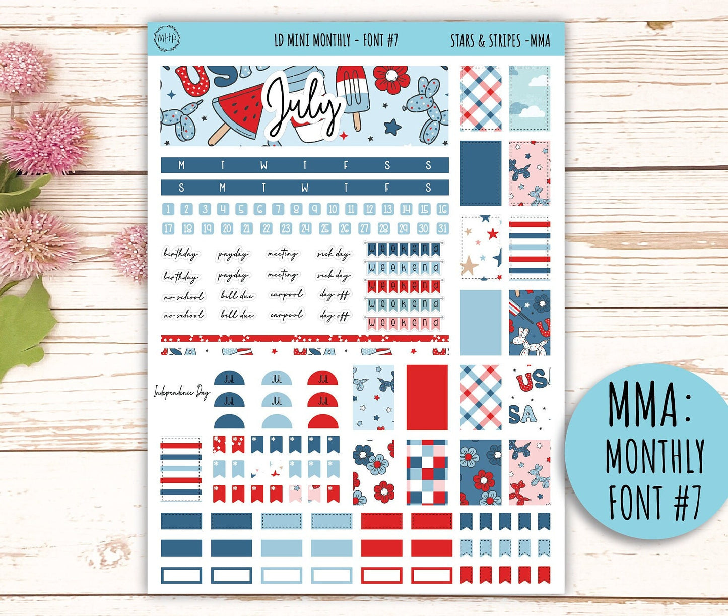 July Sticker for MINI Laurel Denise Planners "Stars and Stripes" || MS&S