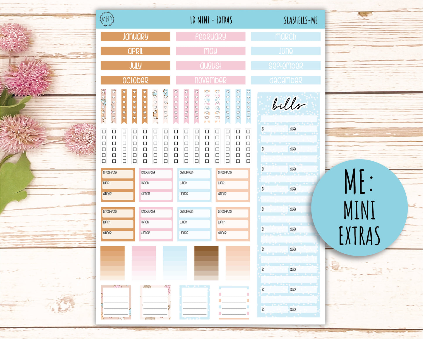 August Stickers for MINI Laurel Denise Planners "Seashells" || MSH