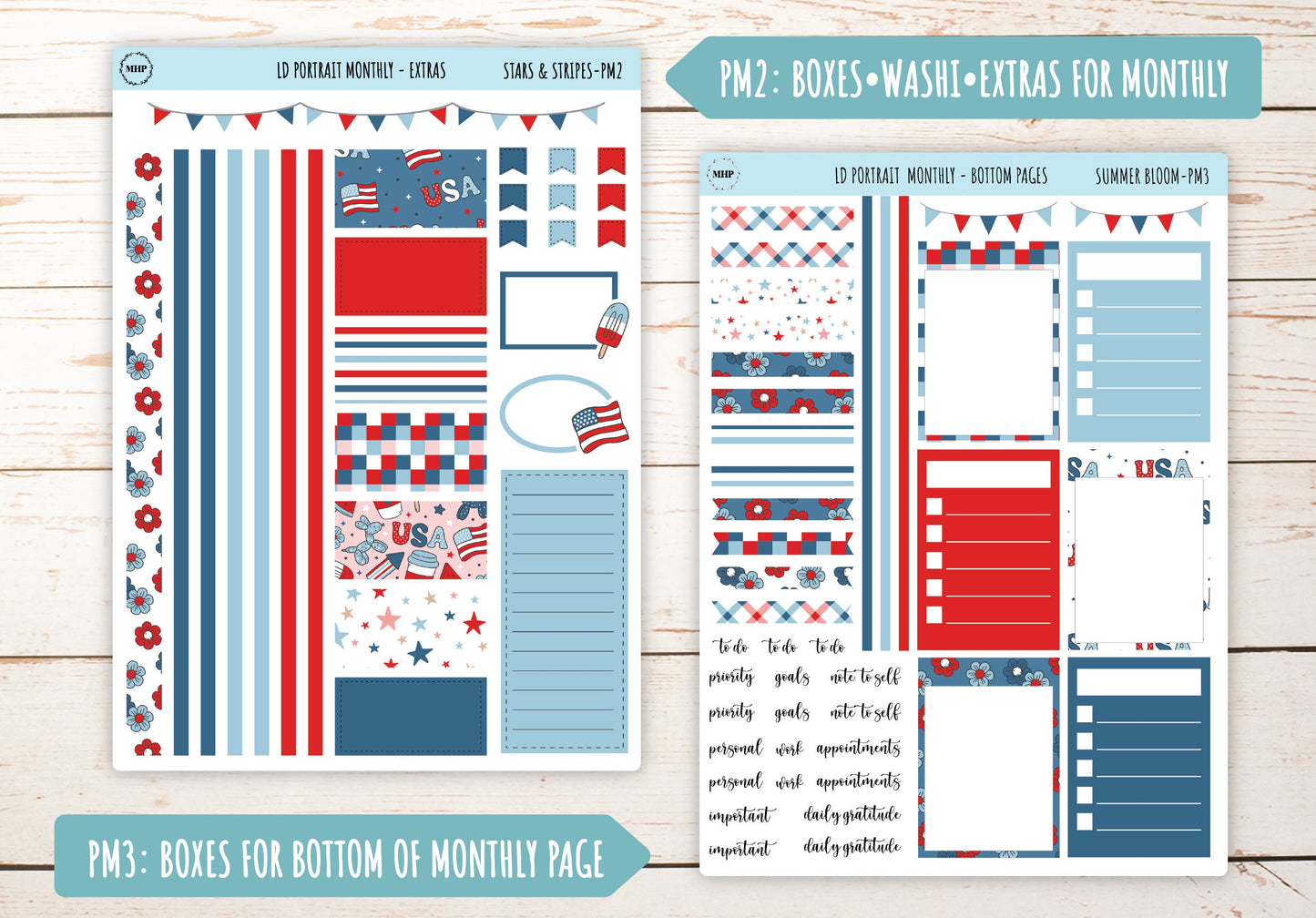 JULY Stickers for Laurel Denise Portrait Planners. "Stars and Stripes" || LDS&S