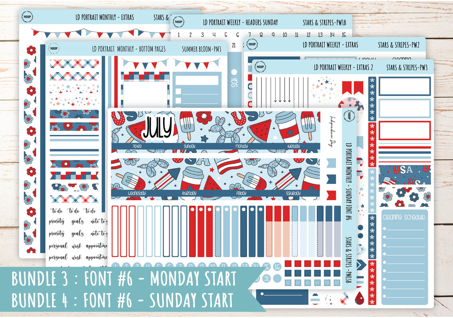 JULY Stickers for Laurel Denise Portrait Planners. "Stars and Stripes" || LDS&S