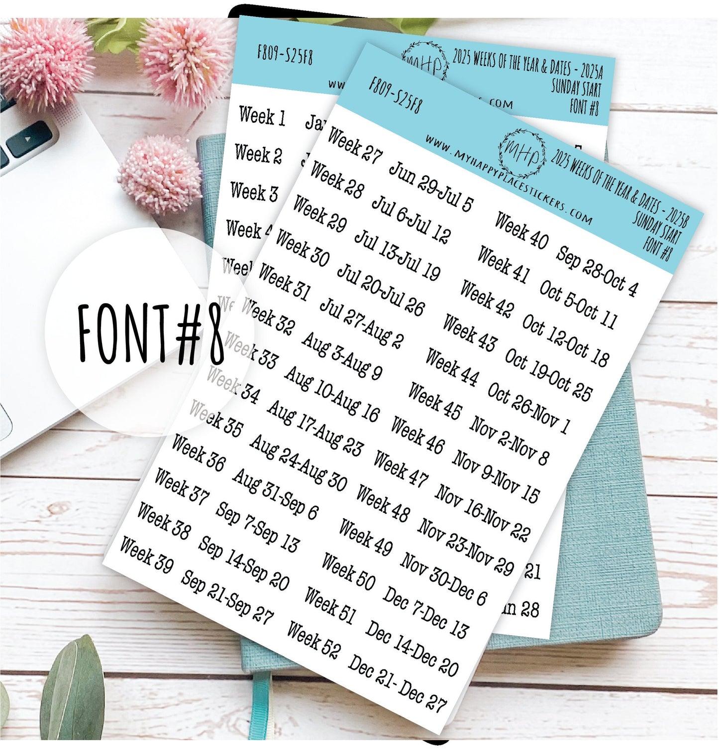 2025 Weeks of the Year Stickers SUNDAY START for Planners and Bullet Journals. || F809