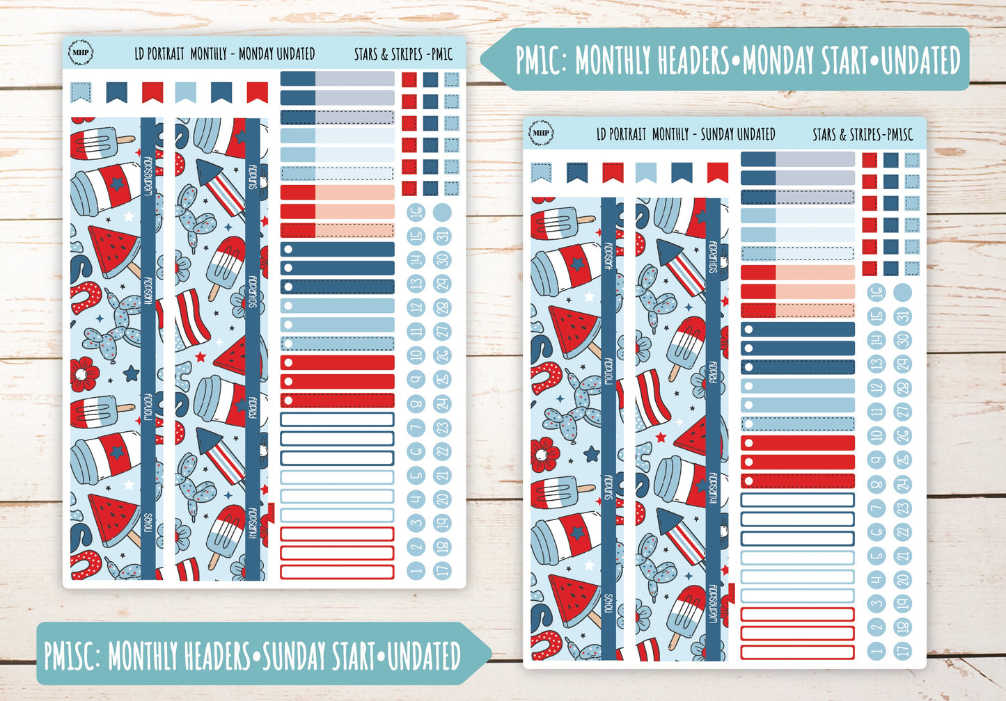 JULY Stickers for Laurel Denise Portrait Planners. "Stars and Stripes" || LDS&S