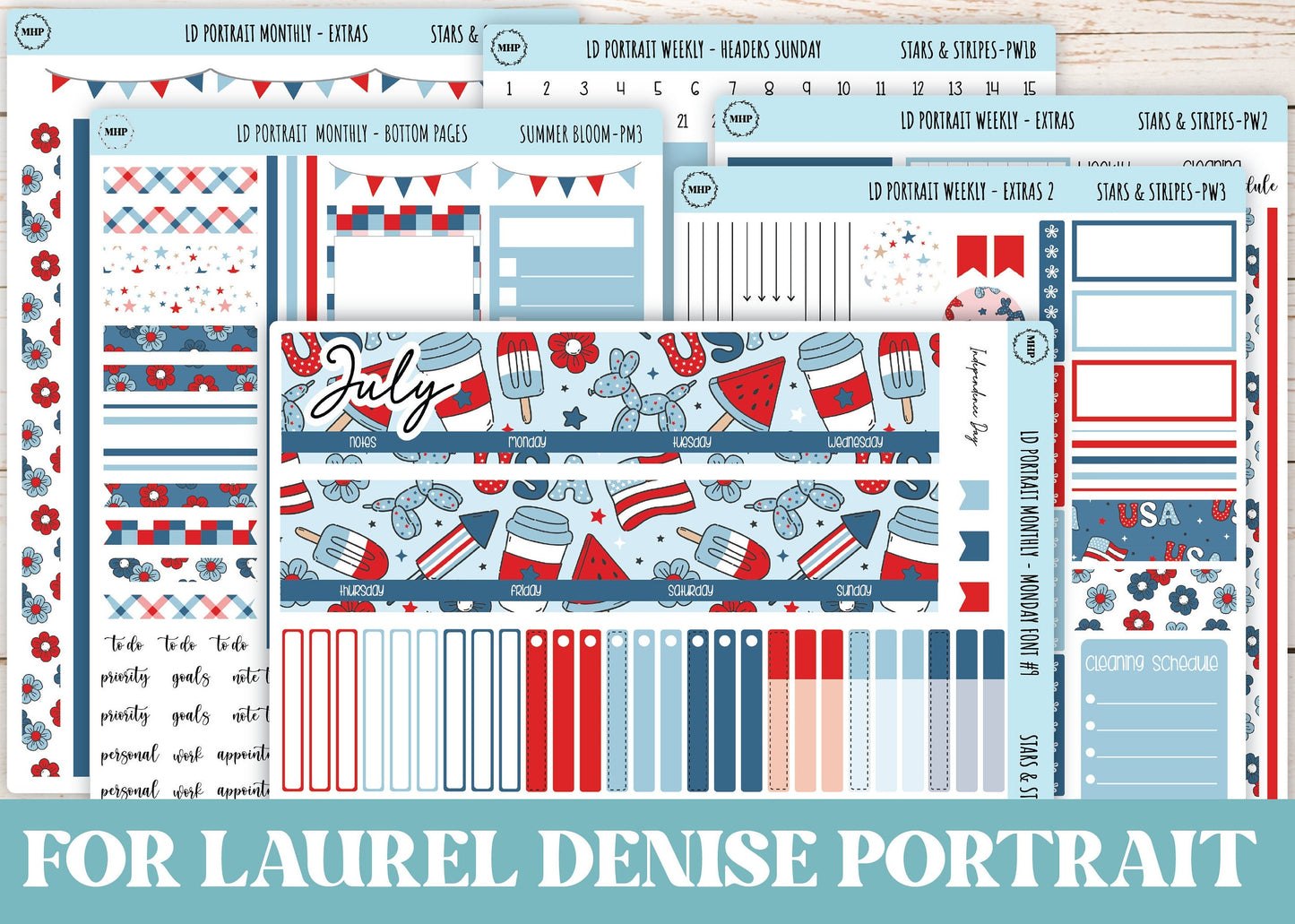 JULY Stickers for Laurel Denise Portrait Planners. "Stars and Stripes" || LDS&S