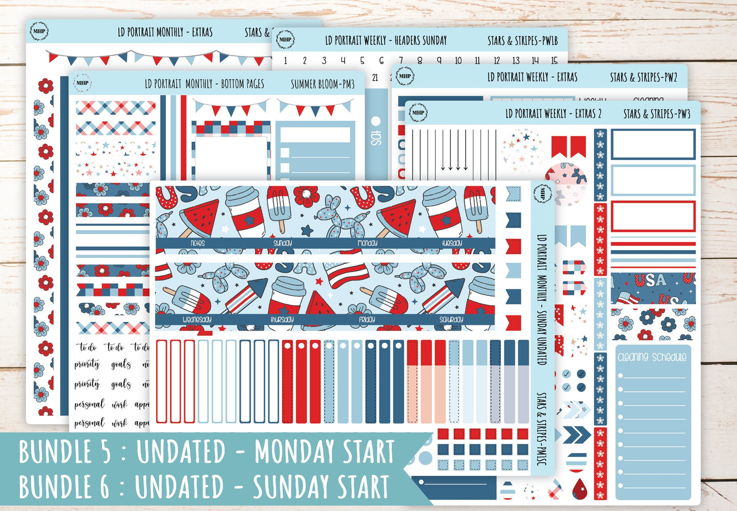 JULY Stickers for Laurel Denise Portrait Planners. "Stars and Stripes" || LDS&S