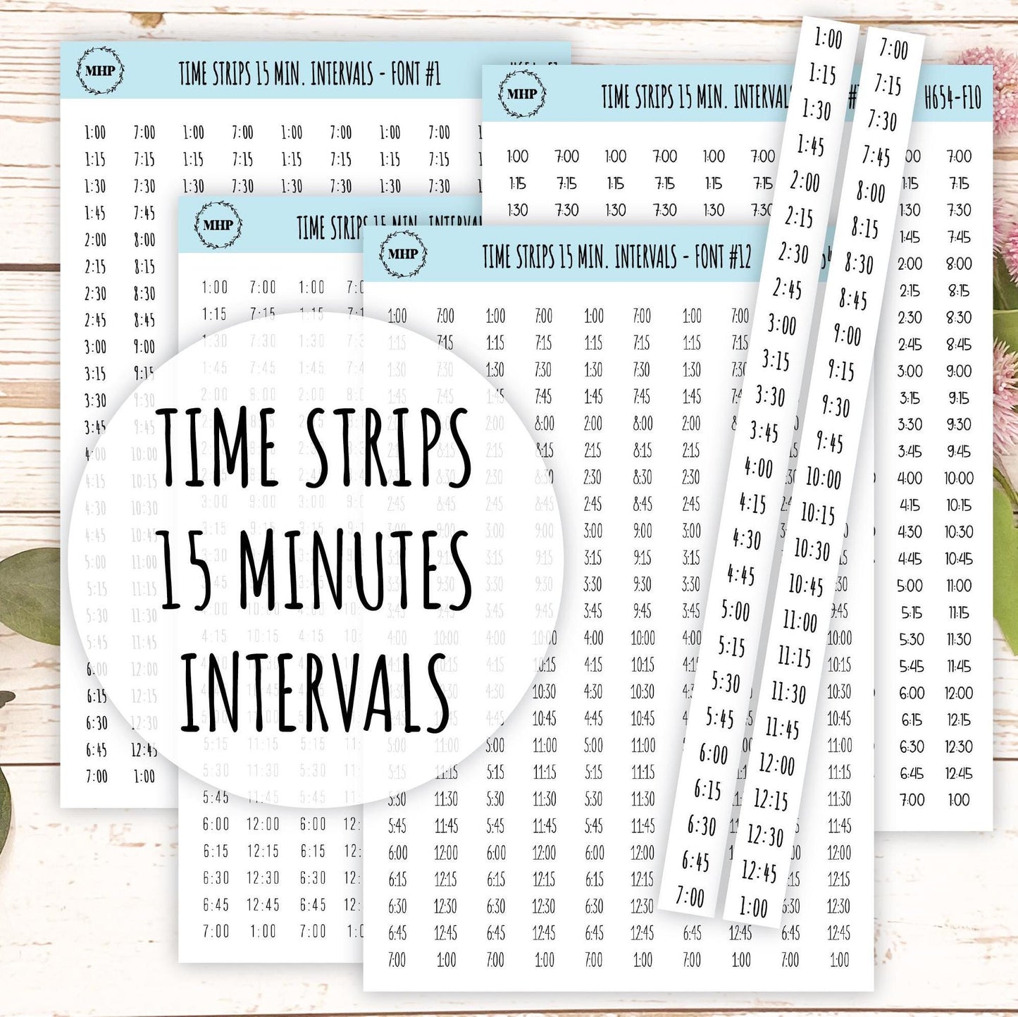 Time Strips for Planners. 15-Minutes Intervals. Planner Stickers || H654