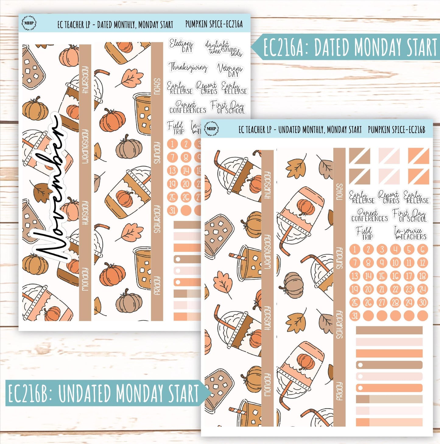 NOVEMBER Stickers for EC Teacher Lesson Planner. "Pumpkin Spice" || EC216PS
