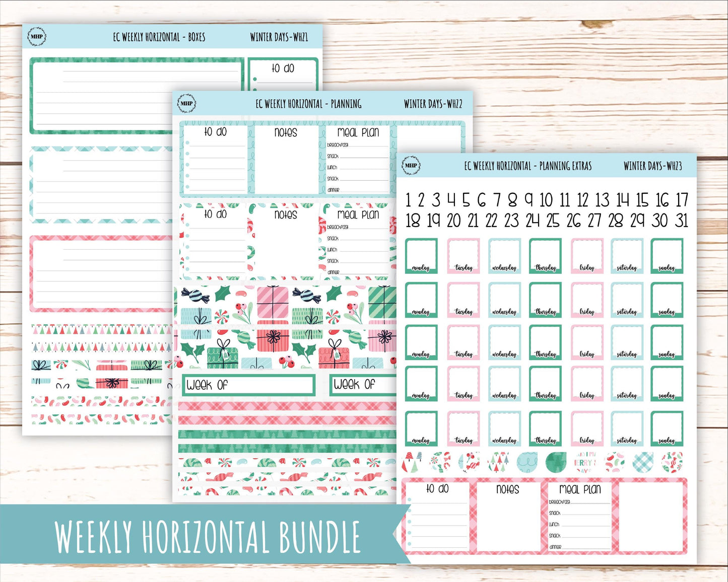 DECEMBER Weekly Planning Kits for 7x9 Erin Condren Planners. "Peppermint Lane" || ECW-PML