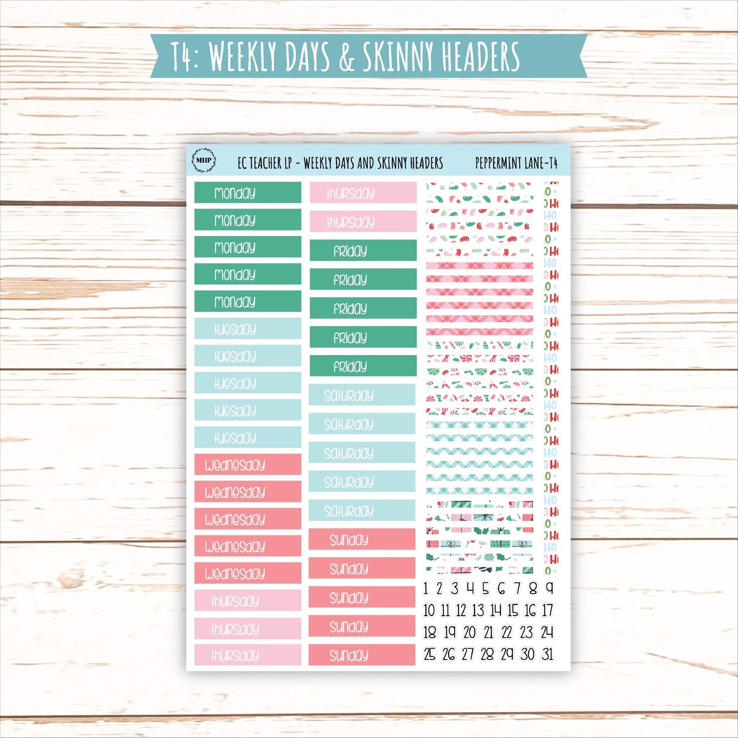 DECEMBER Stickers for Erin Condren Teacher Lesson Planner. "Peppermint Lane" || ECT-PML