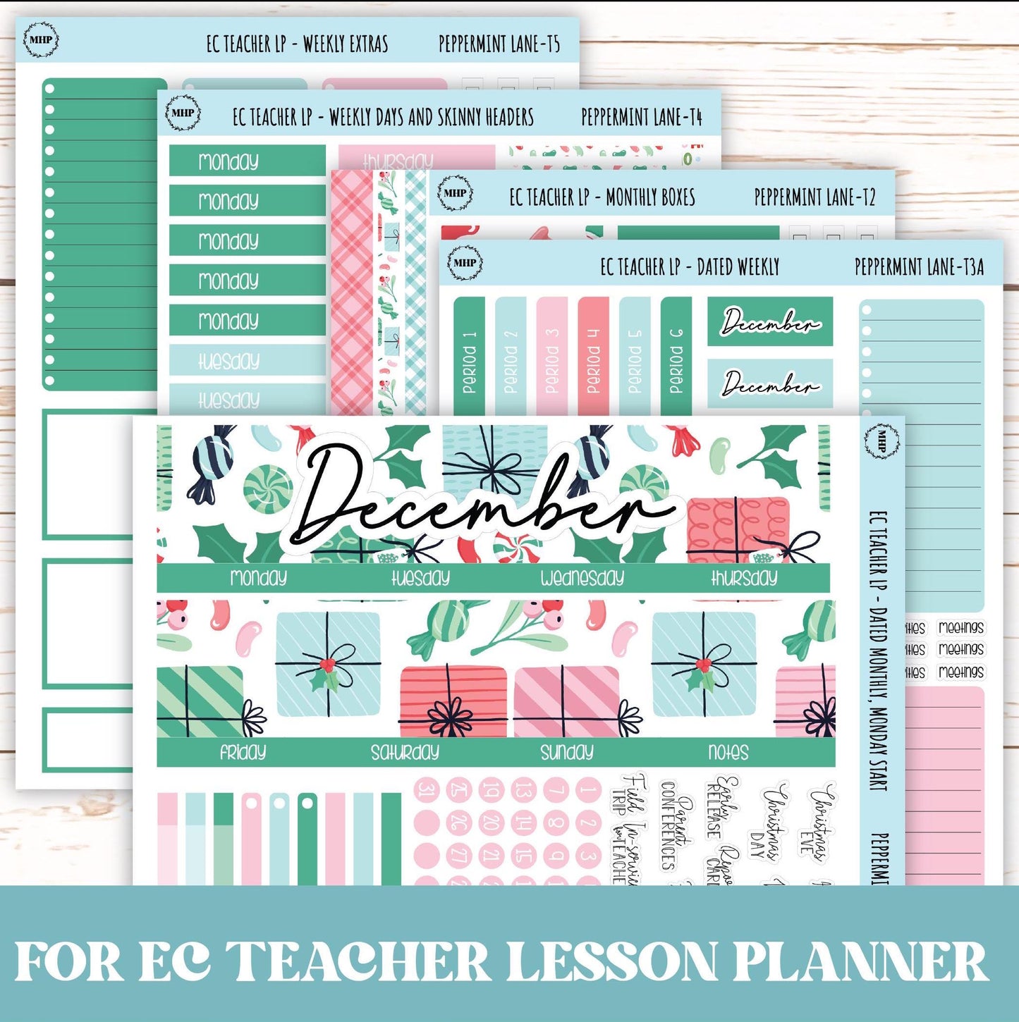 DECEMBER Stickers for Erin Condren Teacher Lesson Planner. "Peppermint Lane" || ECT-PML