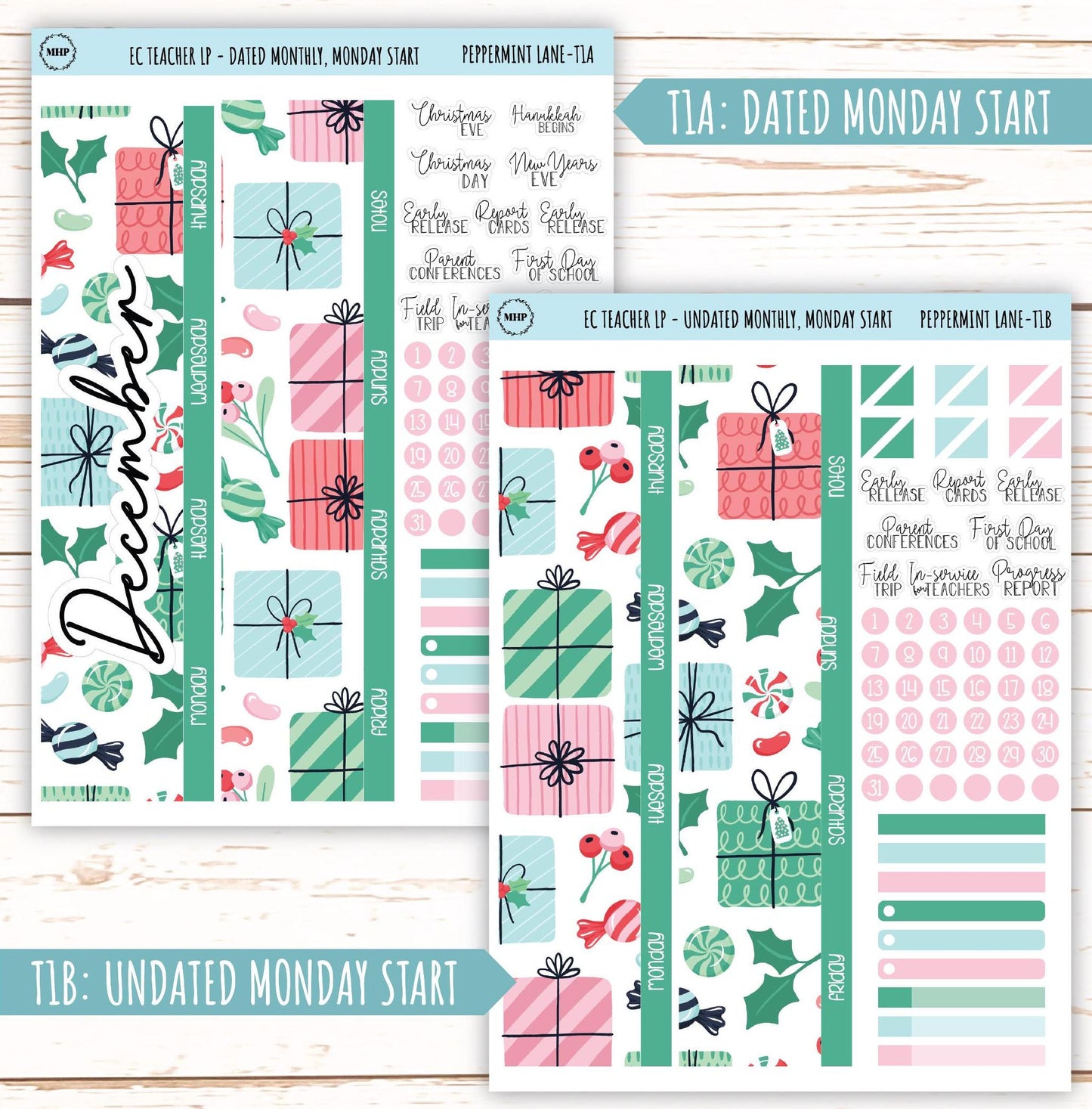 DECEMBER Stickers for Erin Condren Teacher Lesson Planner. "Peppermint Lane" || ECT-PML
