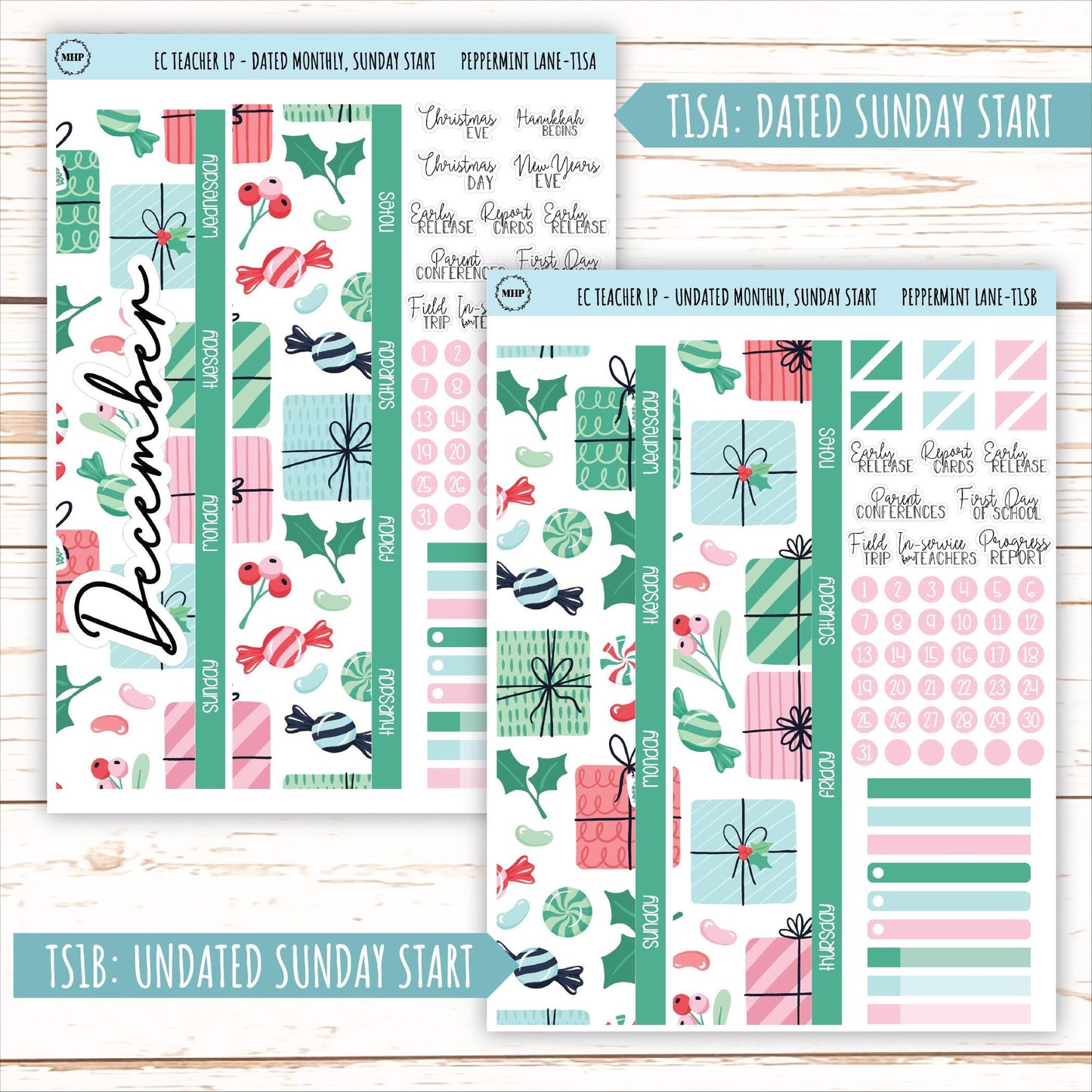 DECEMBER Stickers for Erin Condren Teacher Lesson Planner. "Peppermint Lane" || ECT-PML