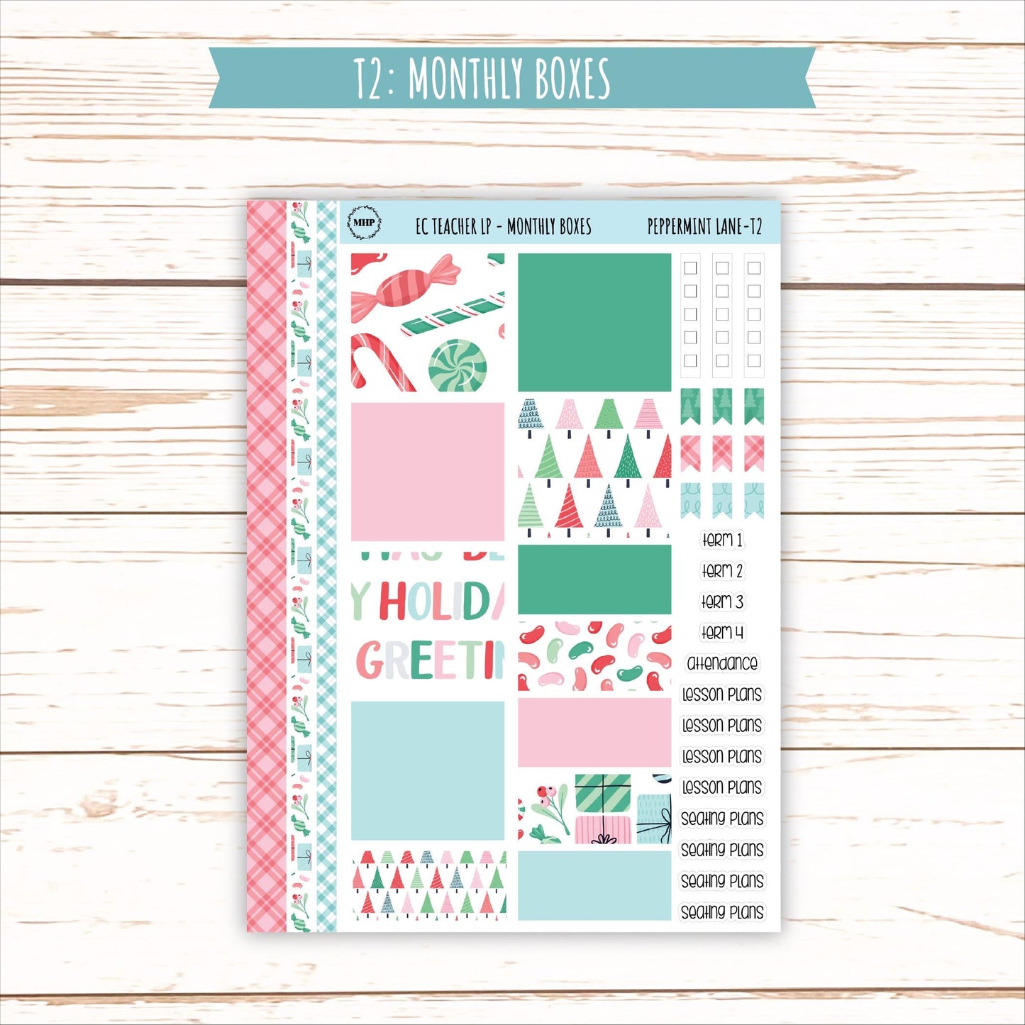DECEMBER Stickers for Erin Condren Teacher Lesson Planner. "Peppermint Lane" || ECT-PML