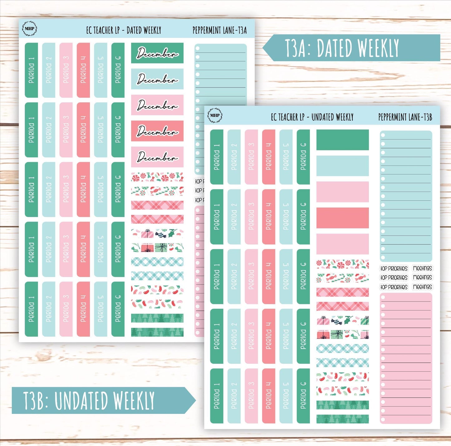 DECEMBER Stickers for Erin Condren Teacher Lesson Planner. "Peppermint Lane" || ECT-PML