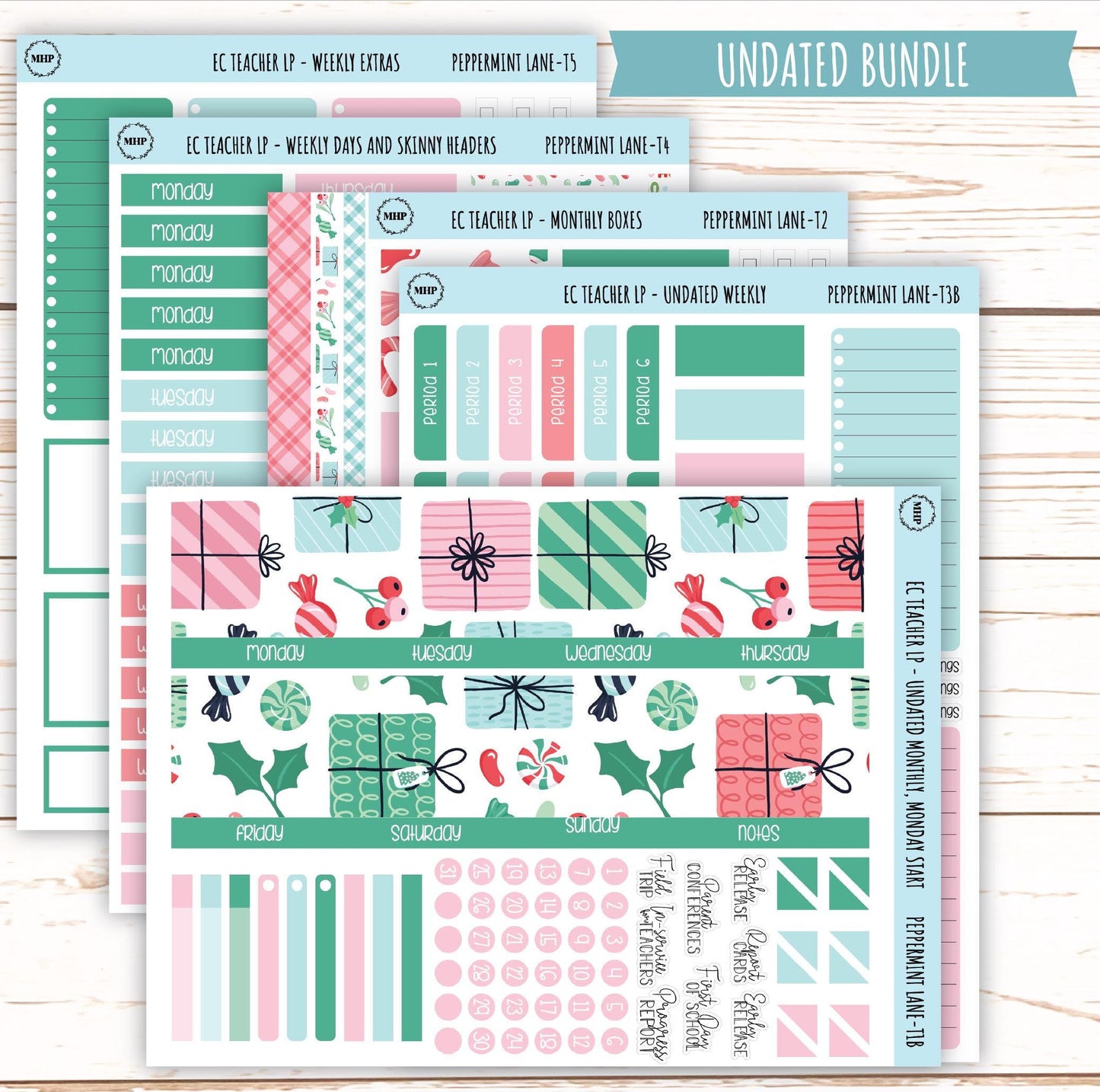 DECEMBER Stickers for Erin Condren Teacher Lesson Planner. "Peppermint Lane" || ECT-PML