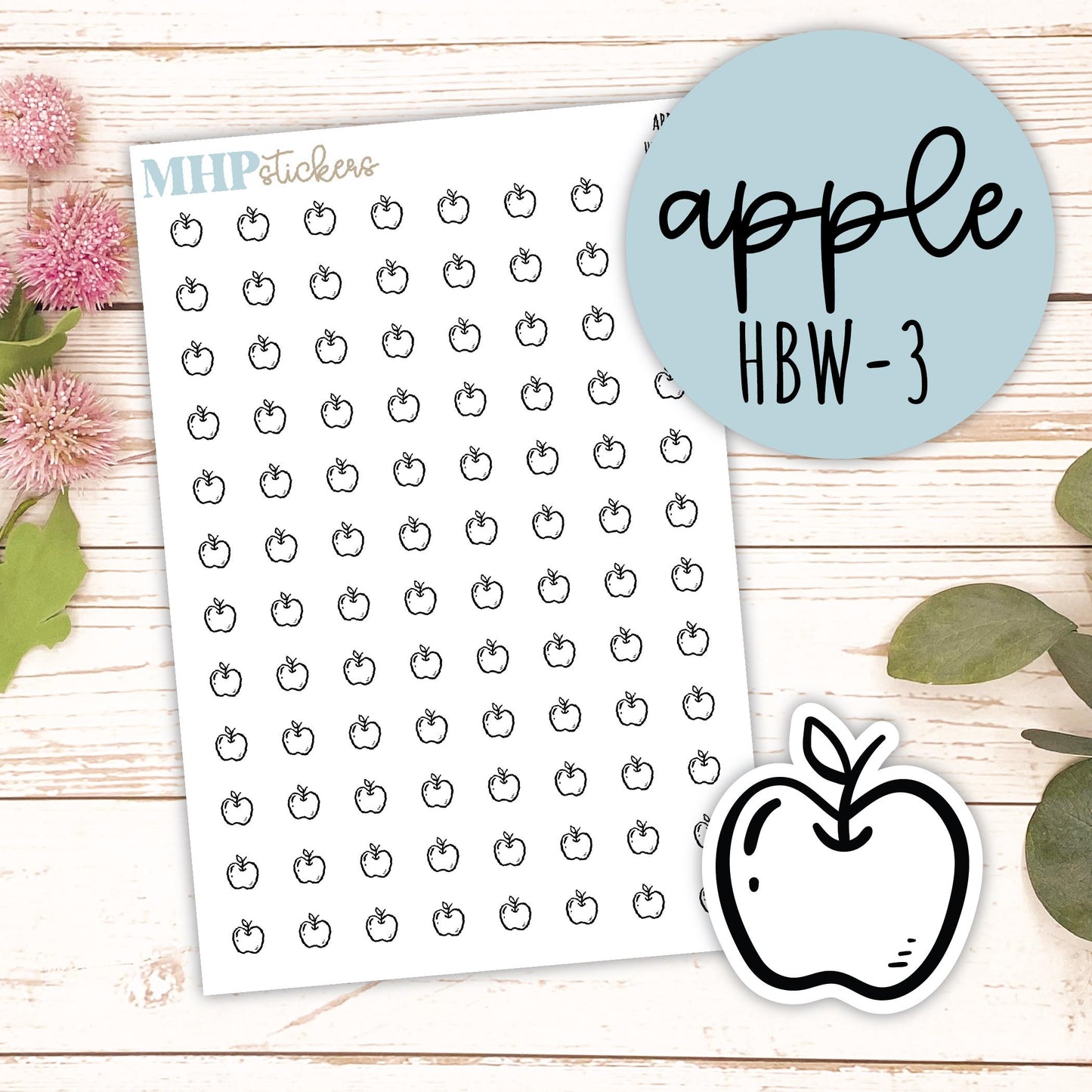 APPLE - Black & White Icon. Planner Stickers || HBW-3