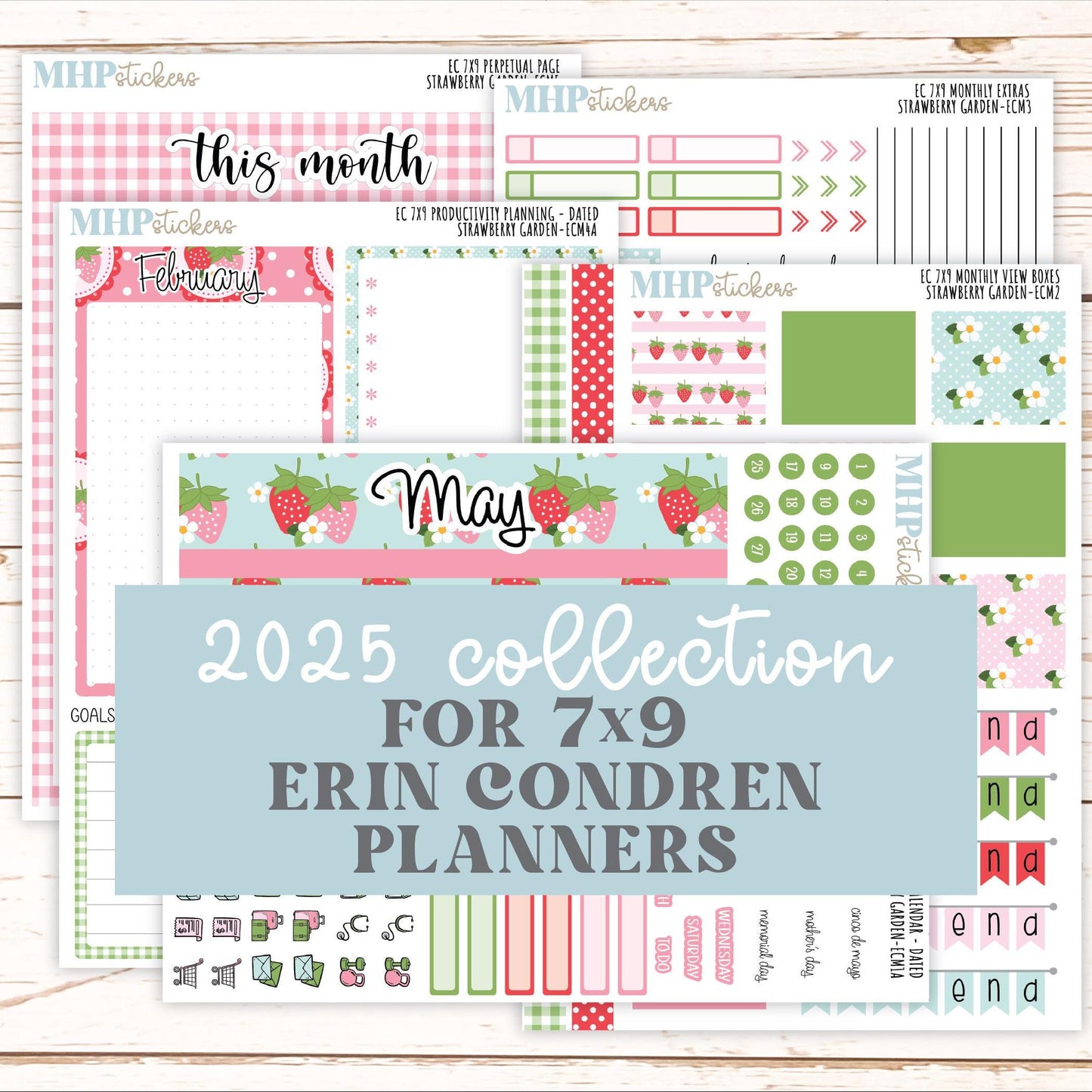 MONTHLY Kit Stickers for 7x9 Erin Condren Planners. 2025 Collection "Strawberry Garden" || ECMSG