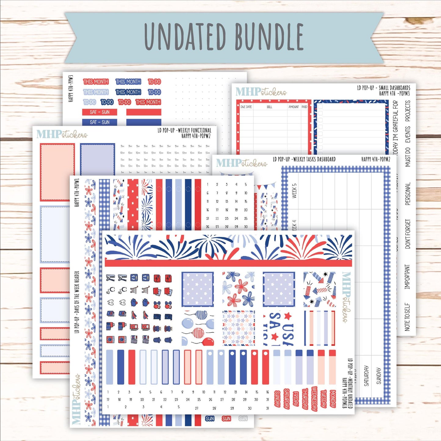 July 2025 Stickers for Laurel Denise POP-UP Planner. "Happy 4th" || POPH4