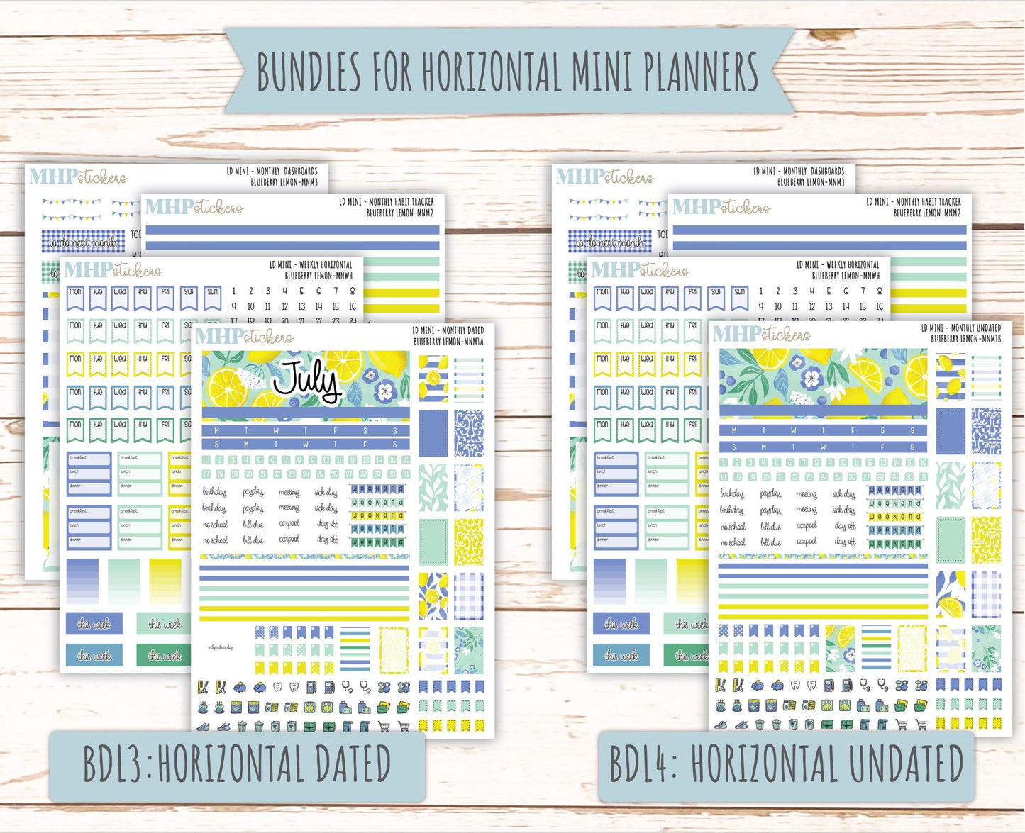 JULY 2025 Stickers for MINI Horizontal & Vertical Laurel Denise Planners. "Blueberry Lemon" || MNBL